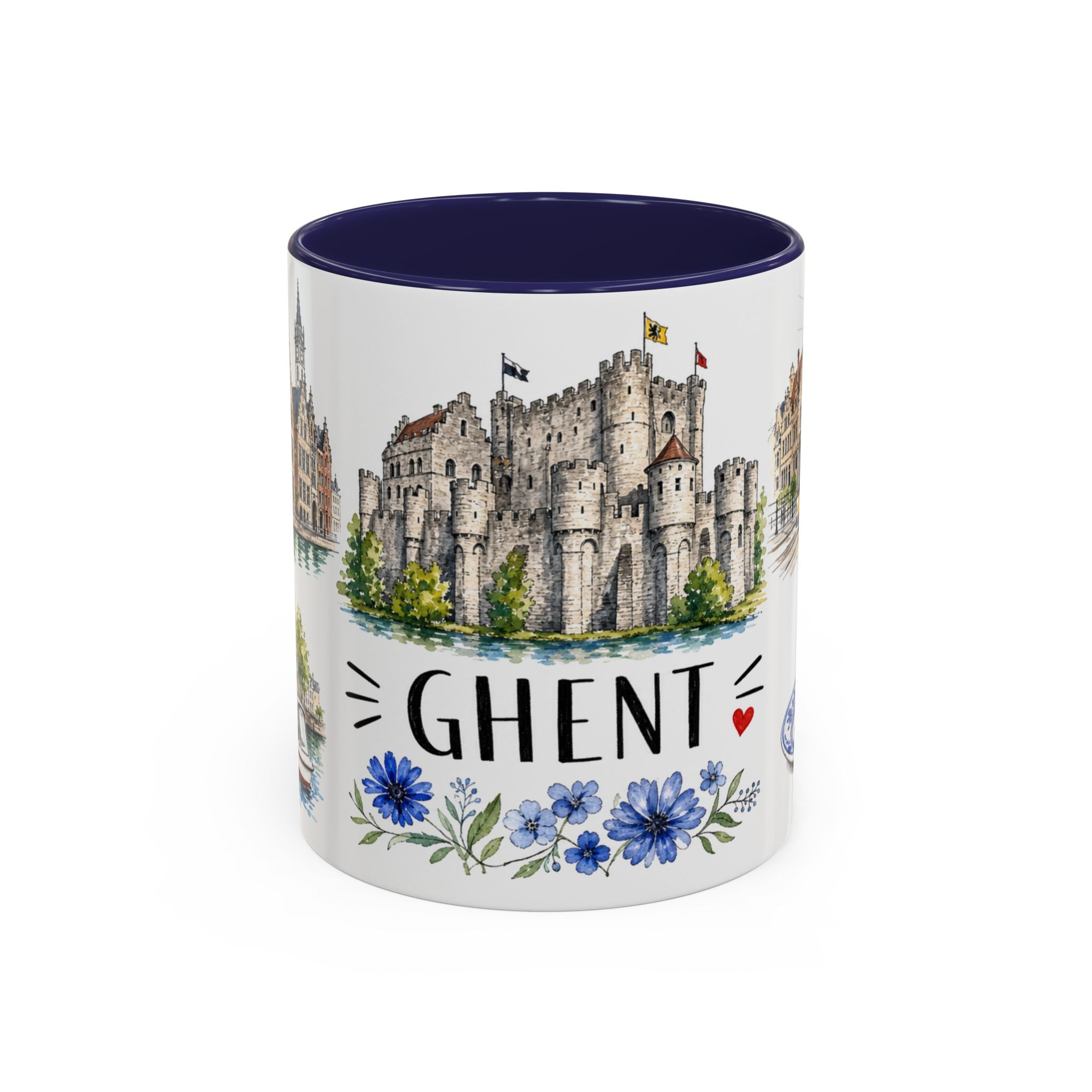 Ghent Illustrated Travel Mug | City Souvenir Accent Coffee Mug | 11oz 15oz Ceramic Cup