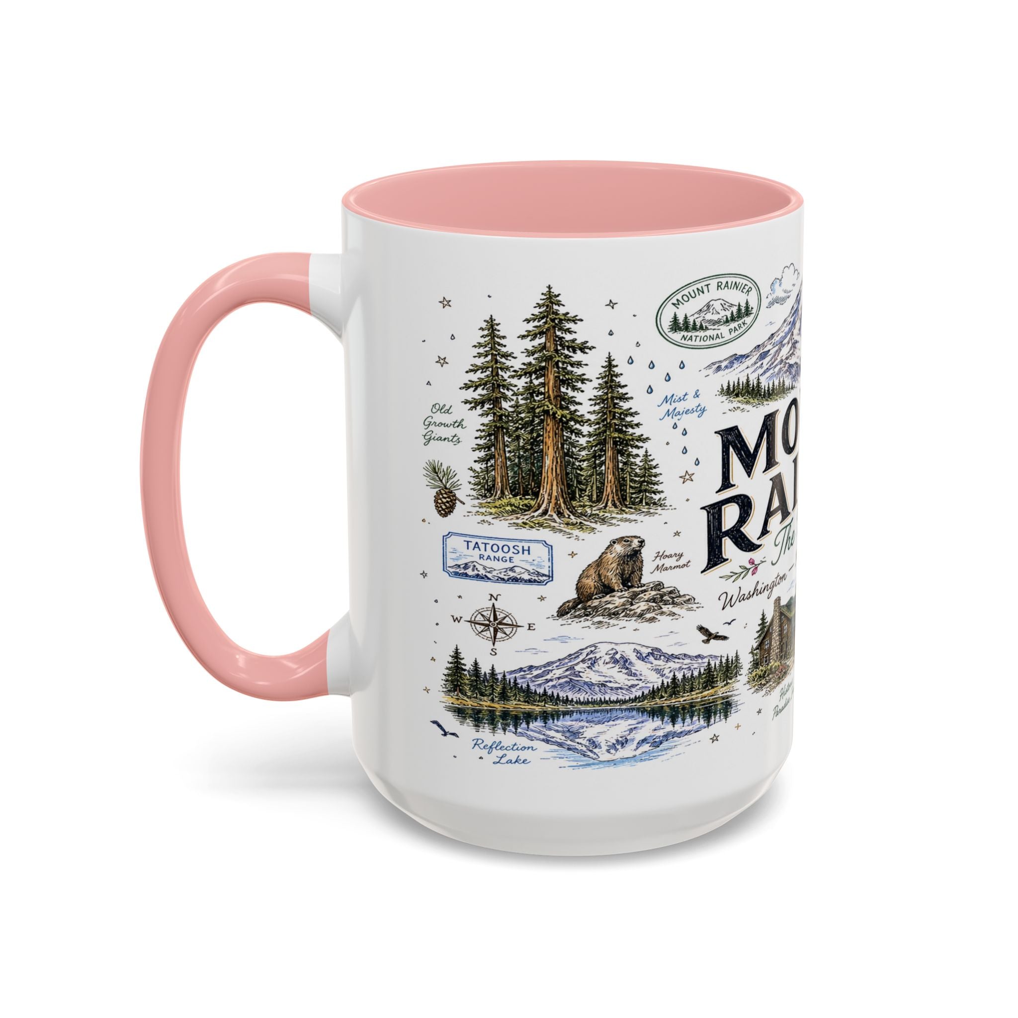 Mount Rainier Coffee Mug | National Park Hiking Washington Gift | Accent Color Ceramic 11oz 15oz