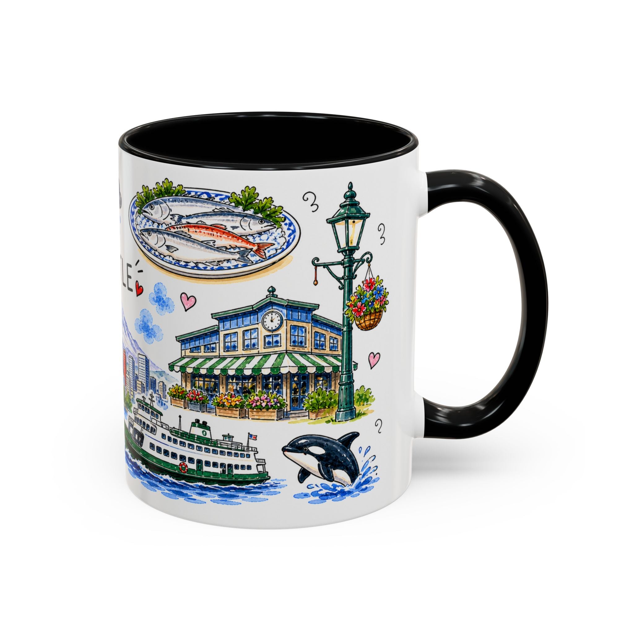 Seattle Illustrated Travel Mug | City Souvenir Accent Coffee Mug | 11oz 15oz Ceramic Cup
