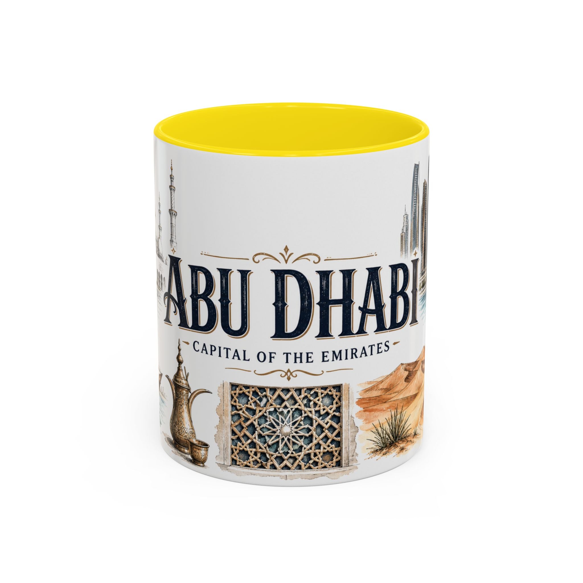 Abu Dhabi Coffee Mug | United Arab Emirates Travel Souvenir | Vintage Illustrated City Gift | 11 oz 15 oz Accent Mug