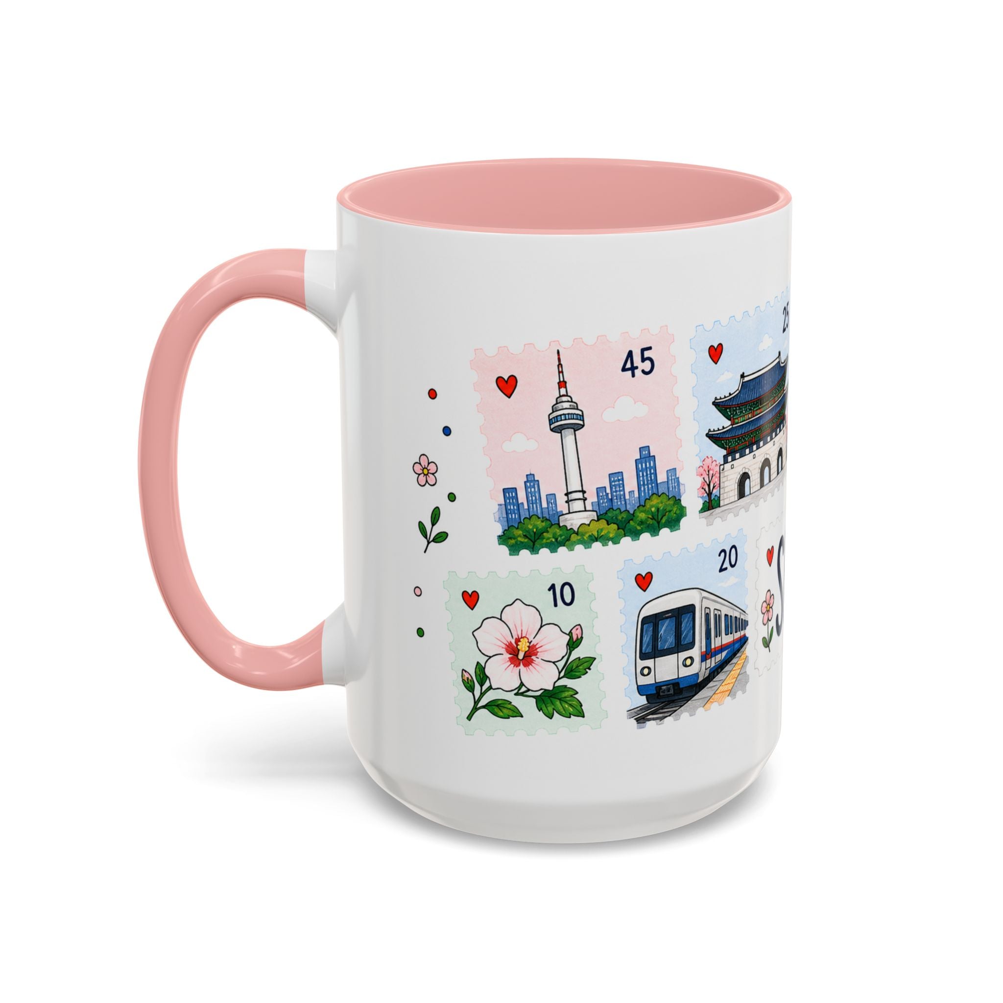 Seoul Coffee Mug | Postage Stamp Collage Mug | Travel Souvenir Accent Cup 11oz 15oz