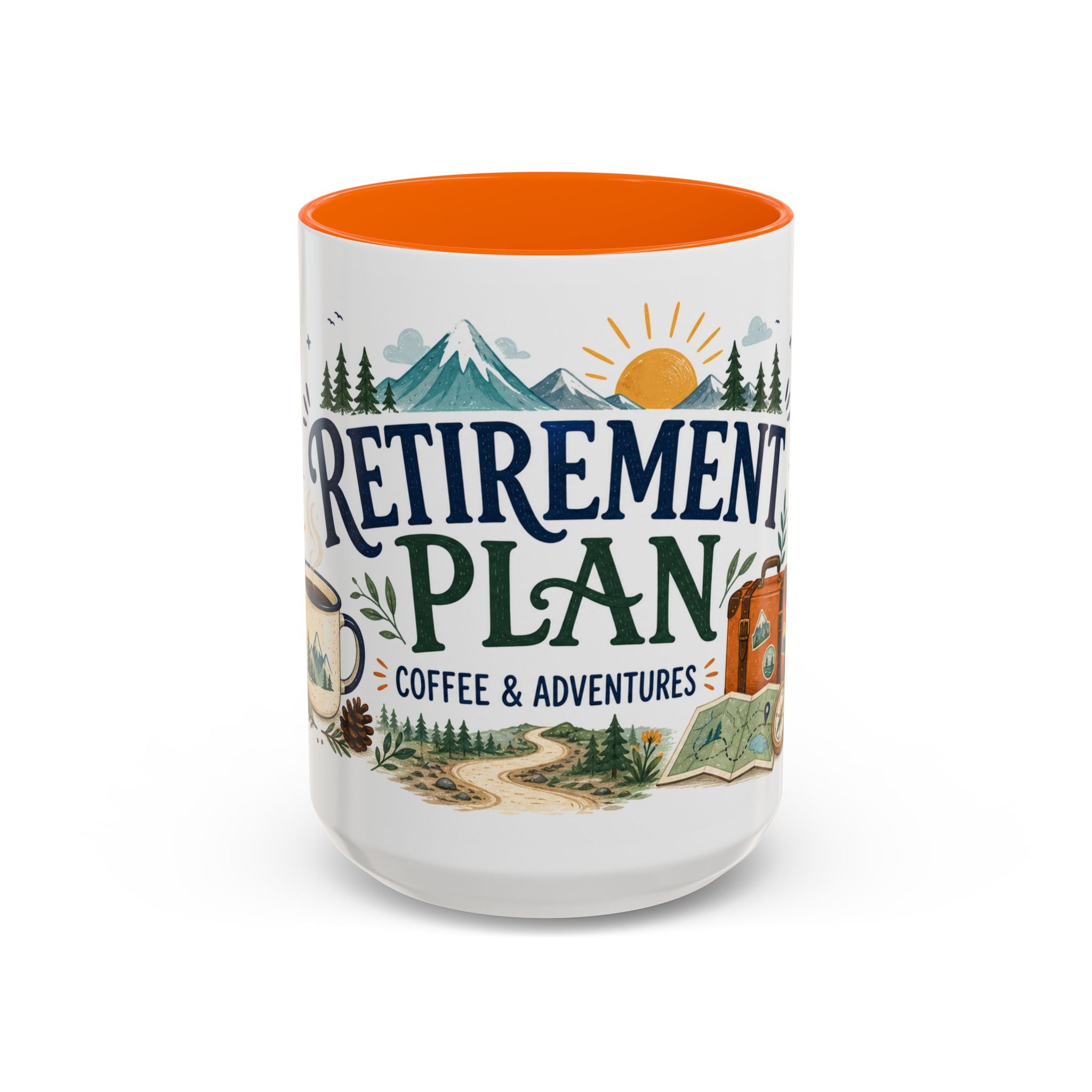 Retirement Plan Coffee And Adventures Mug | Travel Retirement Gift | Accent Color Ceramic 11oz 15oz