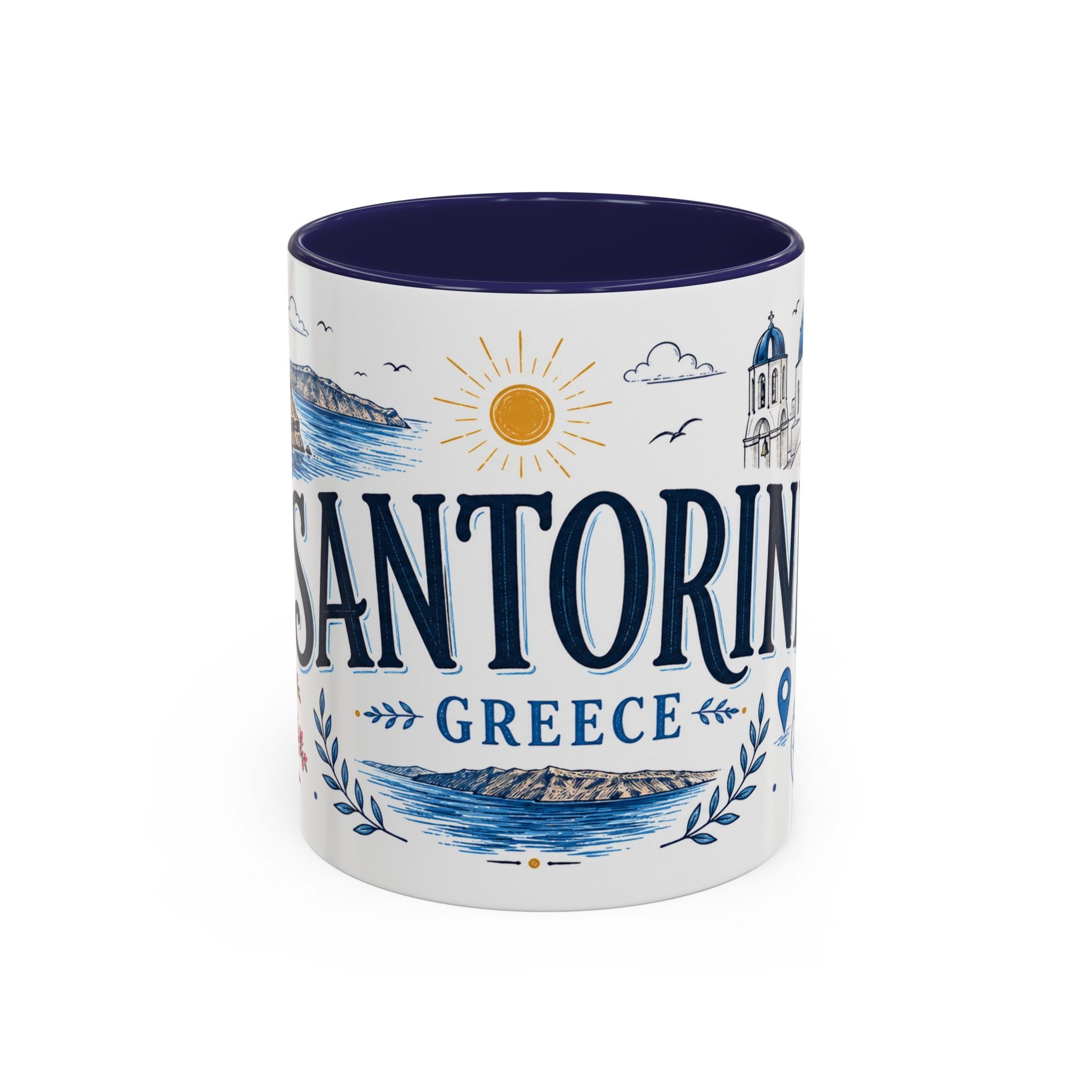 Santorini Coffee Mug | Travel Destination Souvenir Gift | Accent Color Ceramic 11oz 15oz