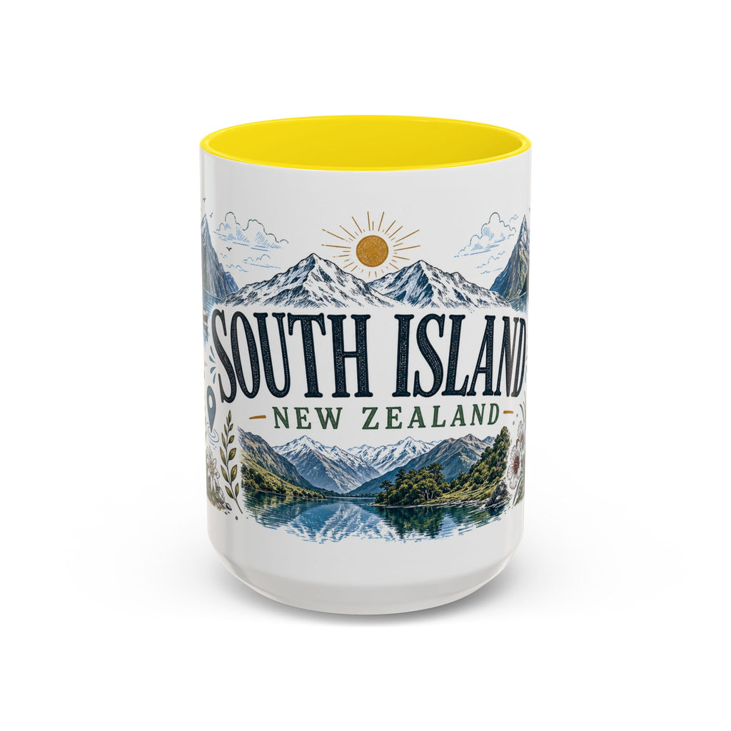 New Zealand South Island Coffee Mug | Travel Destination Souvenir Gift | Accent Color Ceramic 11oz 15oz