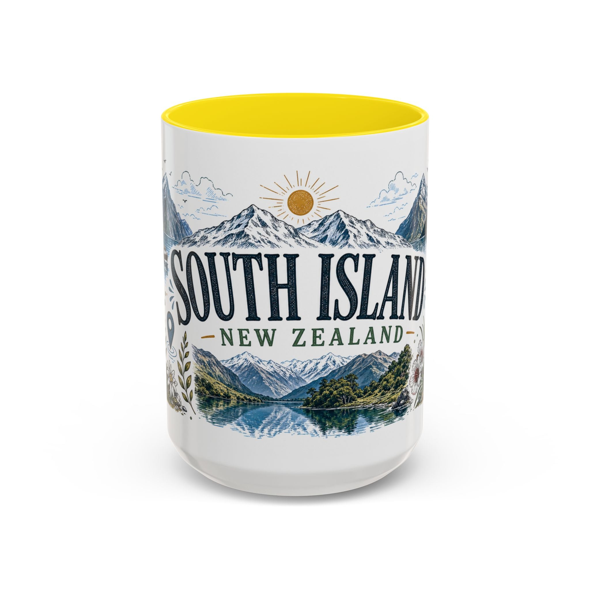 New Zealand South Island Coffee Mug | Travel Destination Souvenir Gift | Accent Color Ceramic 11oz 15oz