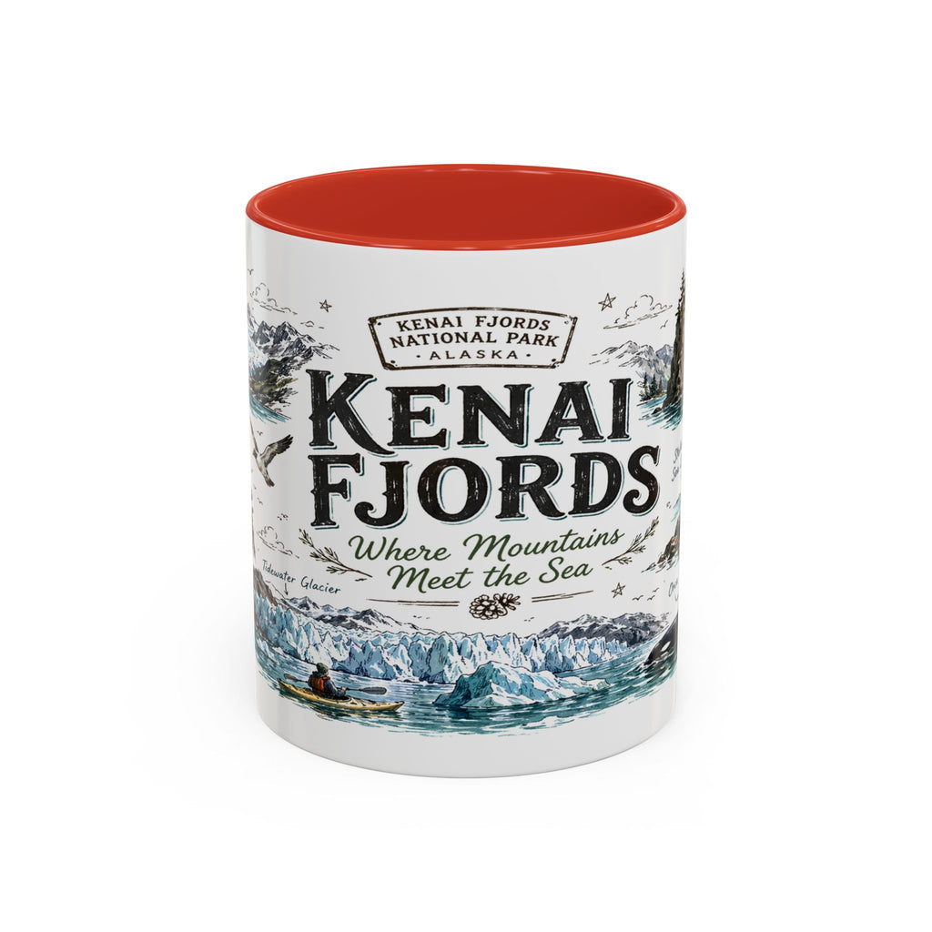 Kenai Fjords National Park Coffee Mug | Alaska Coastal Wildlife Hiking Gift | Accent Color Ceramic 11oz 15oz