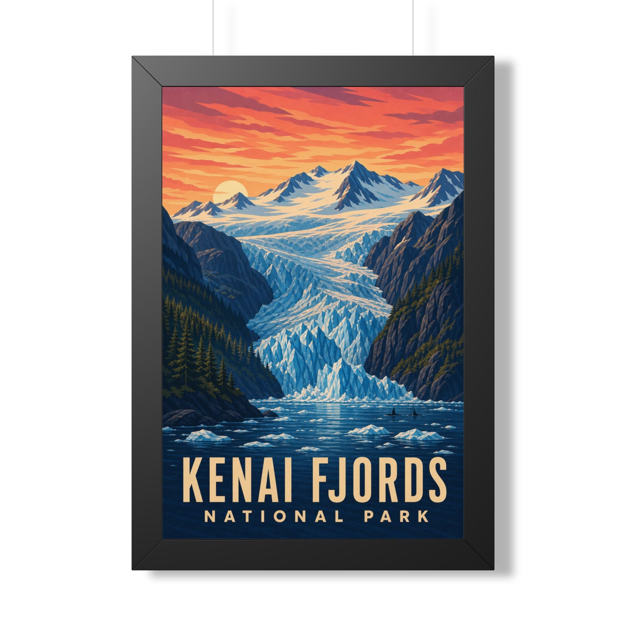 Kenai Fjords National Park Framed Poster | Vintage Travel Wall Art | Black Walnut White Frame | 16x24 20x30