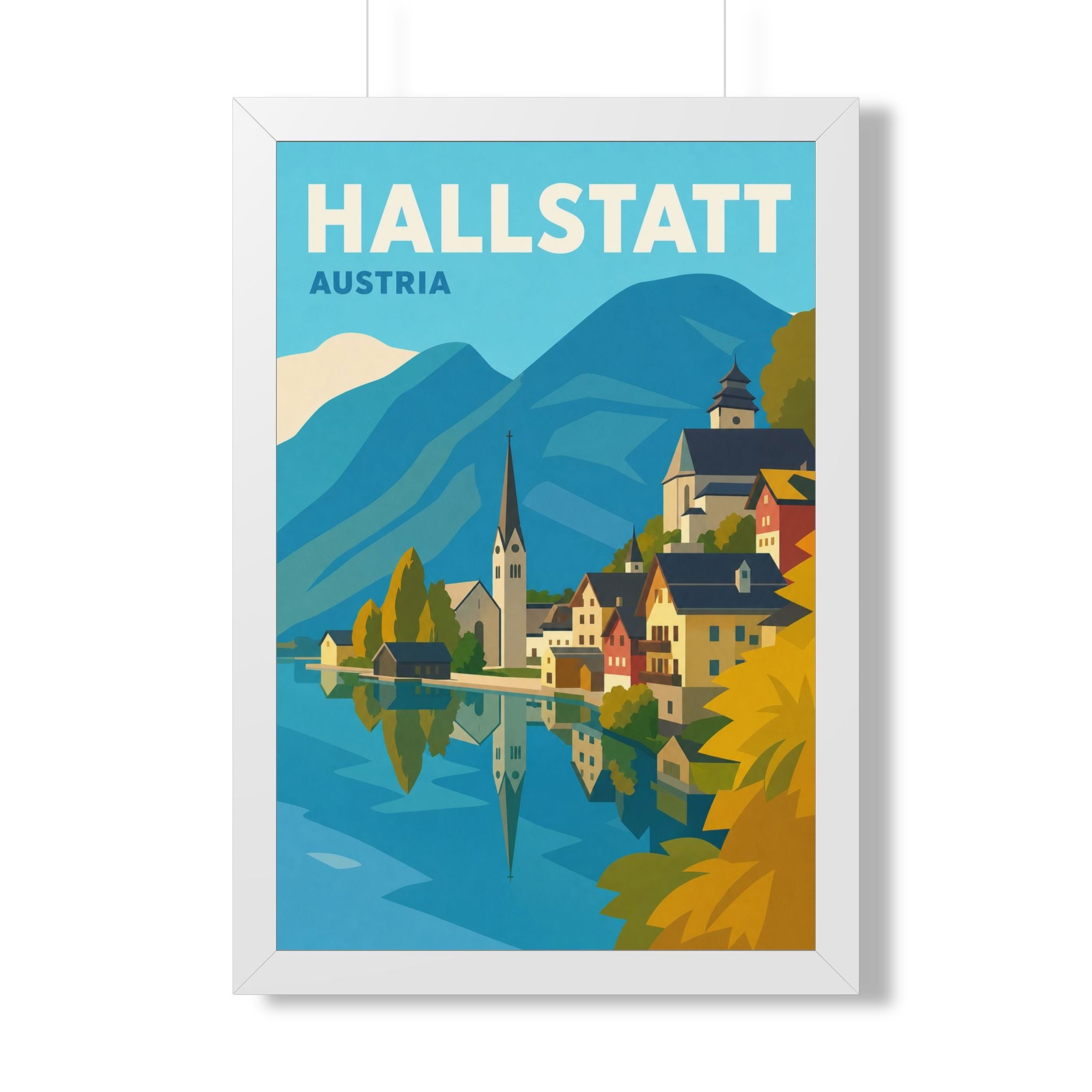 Hallstatt Austria Framed Poster | Vintage Travel Wall Art | Black Walnut White Frame | 16x24 20x30