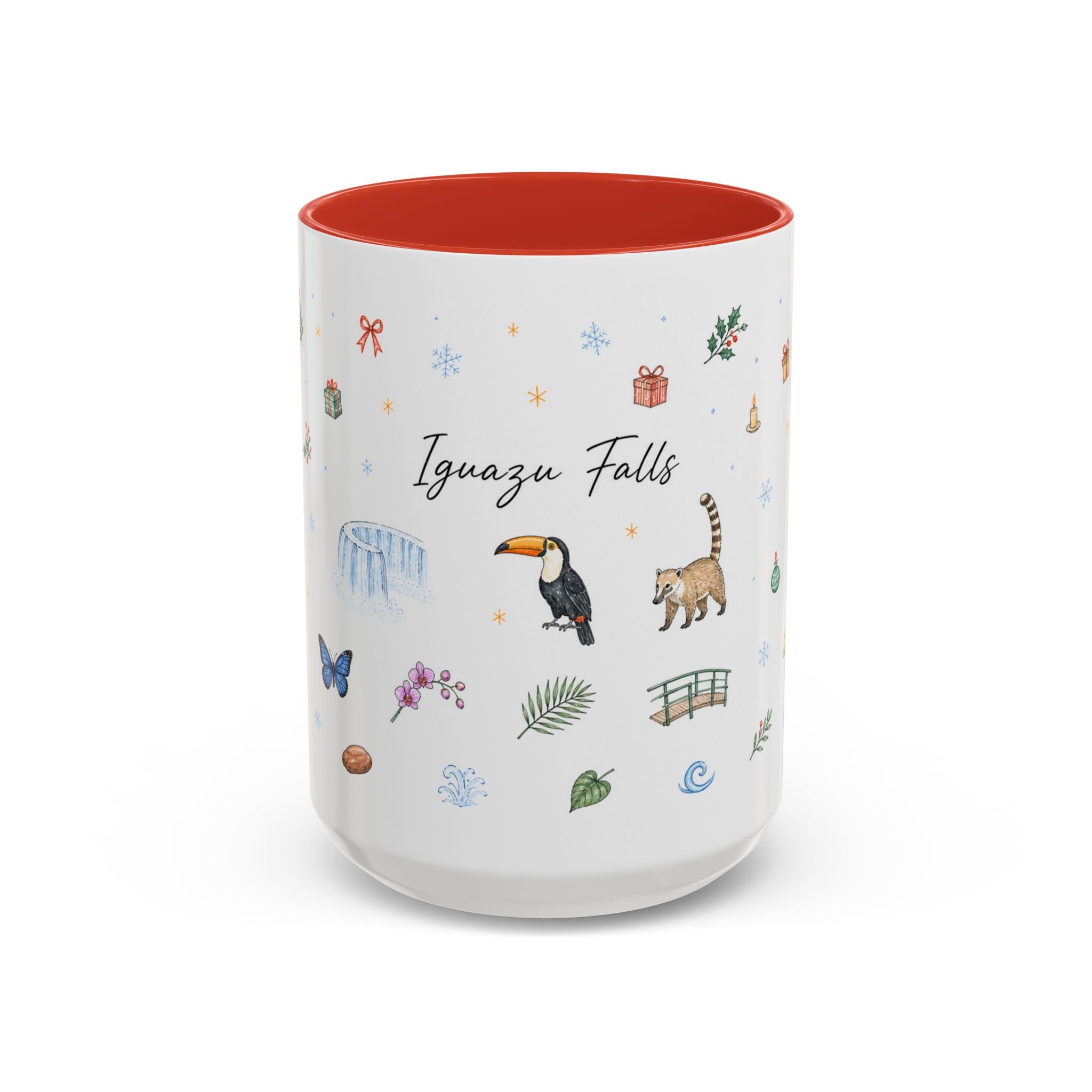 Iguazu Falls Christmas Mug | Watercolor Travel Souvenir | Holiday Gift | Accent Ceramic Coffee Cup 11oz 15oz