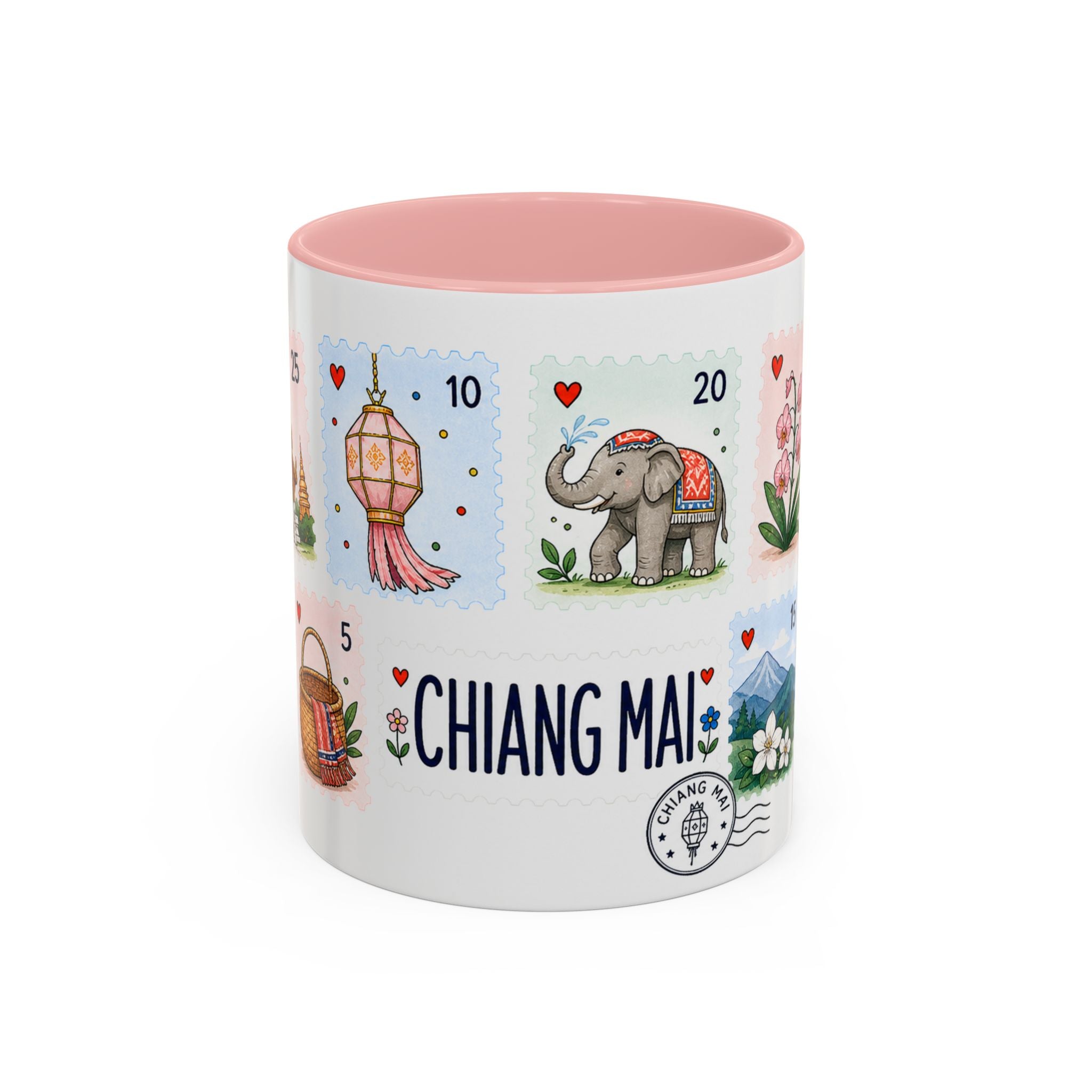 Chiang Mai Coffee Mug | Postage Stamp Collage Mug | Travel Souvenir Accent Cup 11oz 15oz