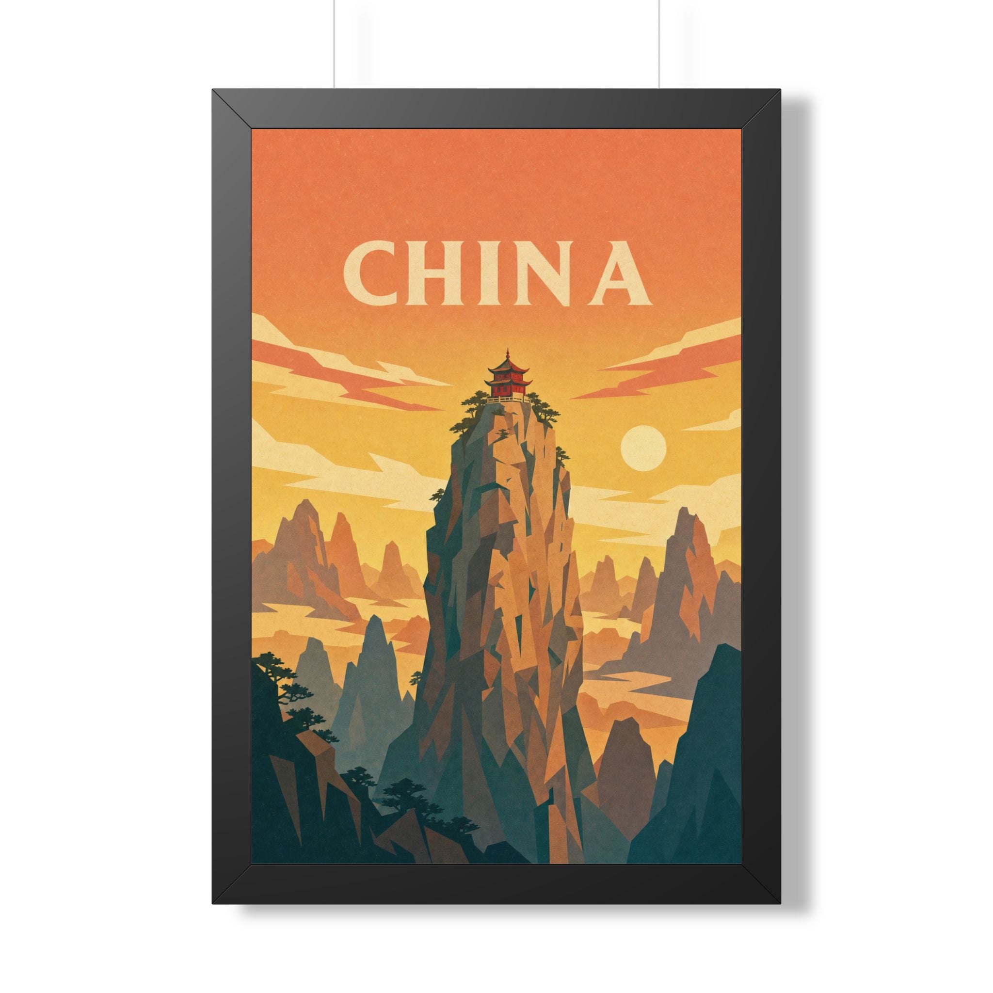 China Mountain Temple China Framed Poster | Vintage Travel Wall Art | Black Walnut White Frame | 16x24 20x30