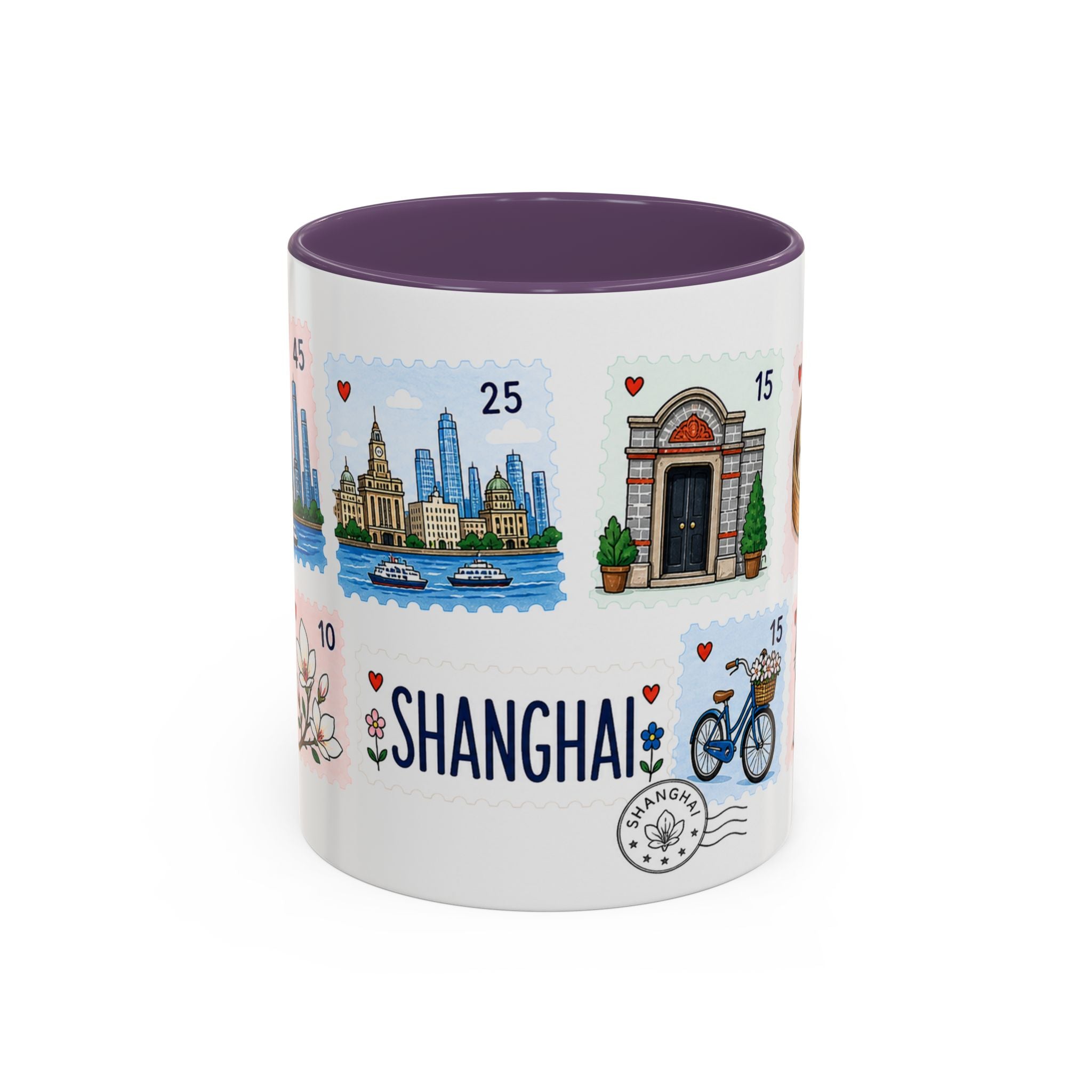 Shanghai Coffee Mug | Postage Stamp Collage Mug | Travel Souvenir Accent Cup 11oz 15oz