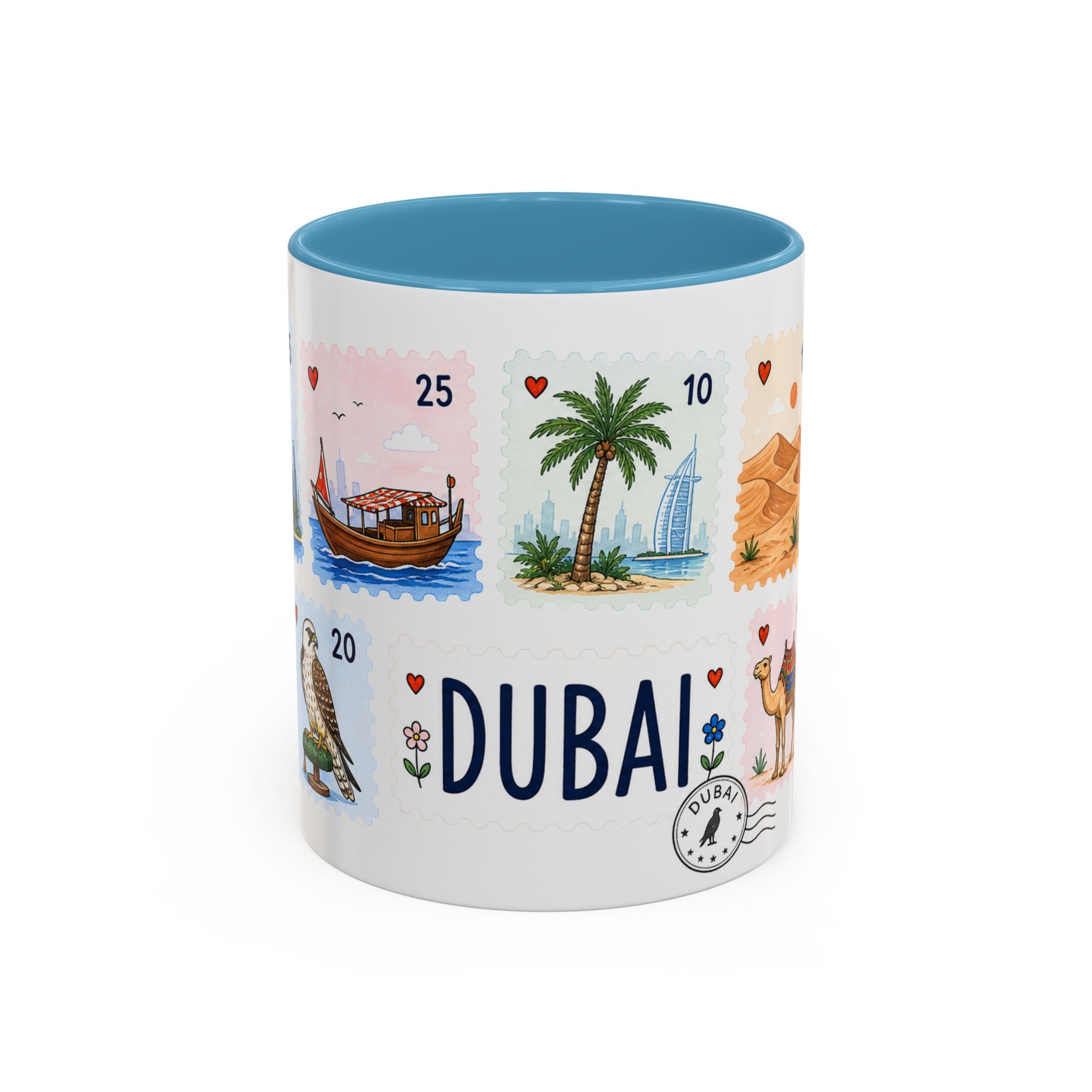 Dubai Coffee Mug | Postage Stamp Collage Mug | Travel Souvenir Accent Cup 11oz 15oz