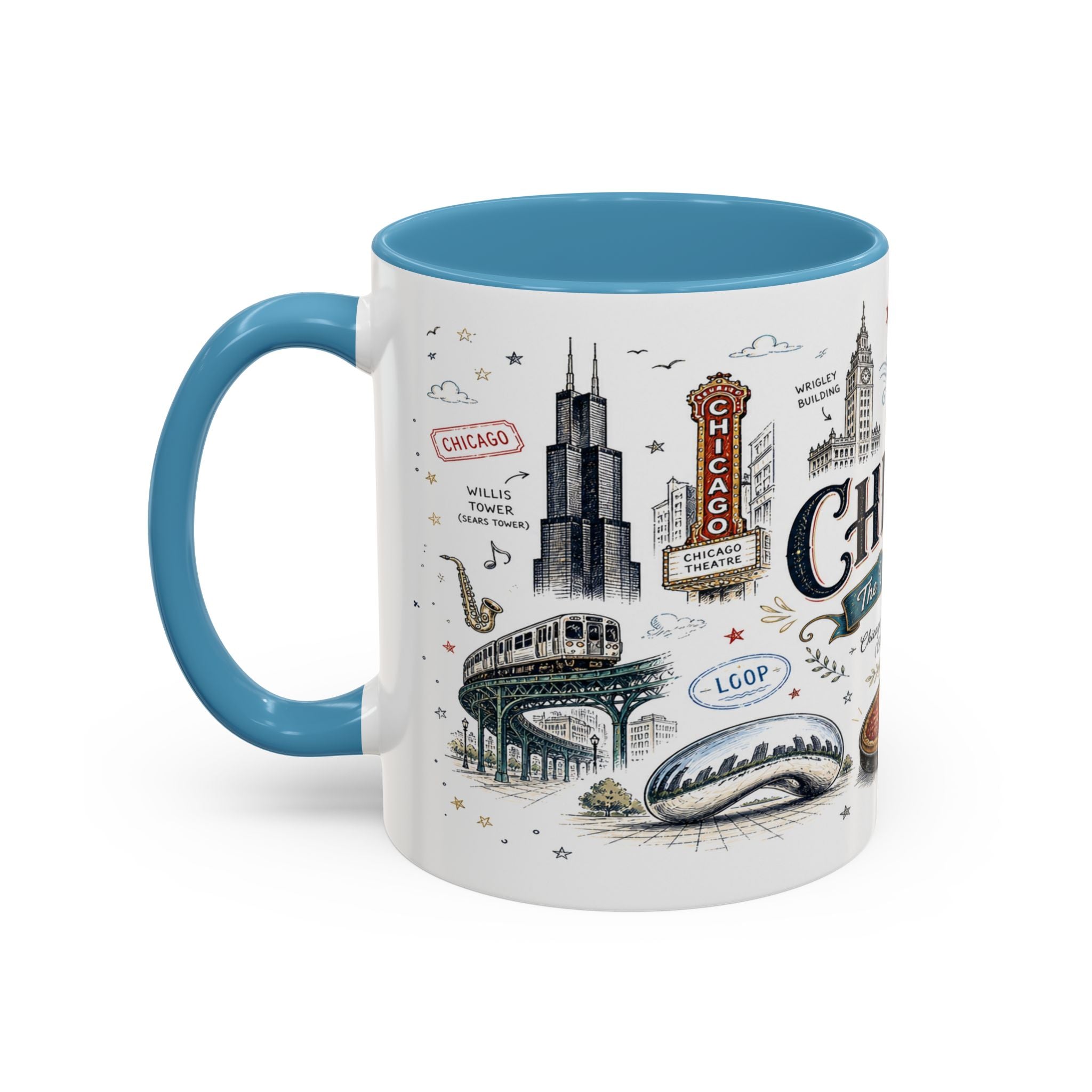 Chicago Coffee Mug | Illinois Souvenir City Gift | Accent Color Ceramic 11oz 15oz