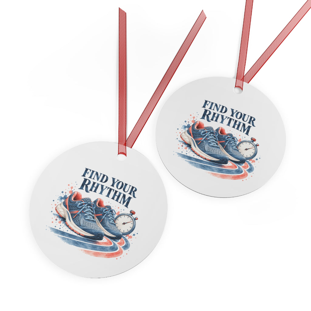 Front and back views of the double-sided round ornament with running artwork.