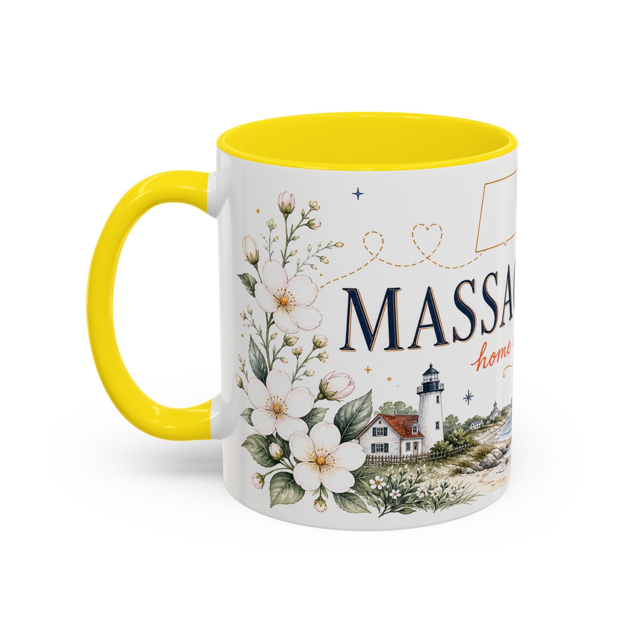 Massachusetts State Map Mug | Coastal Scene, Botanical Accents (11oz, 15oz)