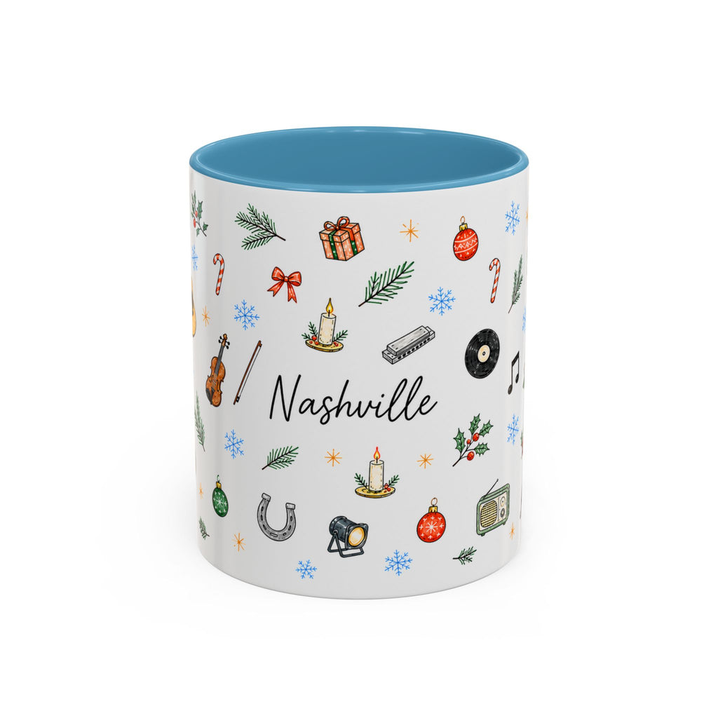 Nashville Christmas Mug | Watercolor City Souvenir, Acoustic Guitar, Harmonica (11oz 15oz)