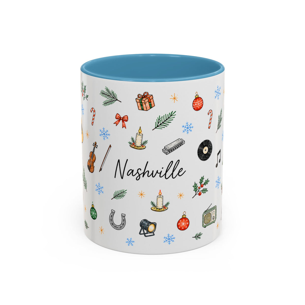 Nashville Christmas Mug | Watercolor City Souvenir, Acoustic Guitar, Harmonica (11oz 15oz)