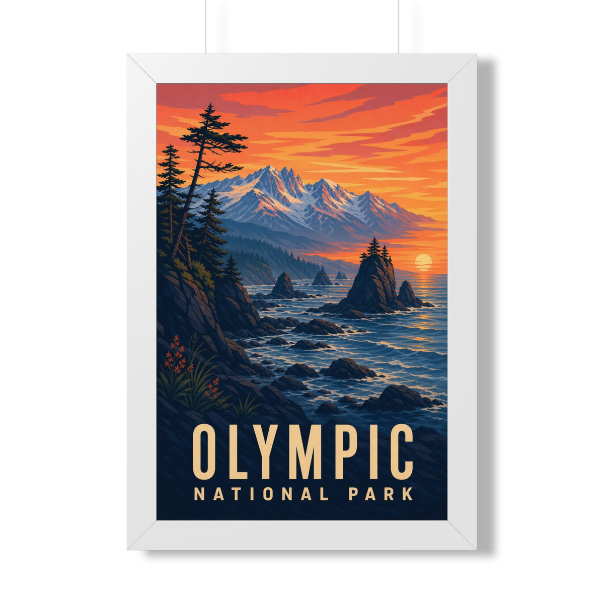Olympic National Park Framed Poster | Vintage Travel Wall Art | Black Walnut White Frame | 16x24 20x30
