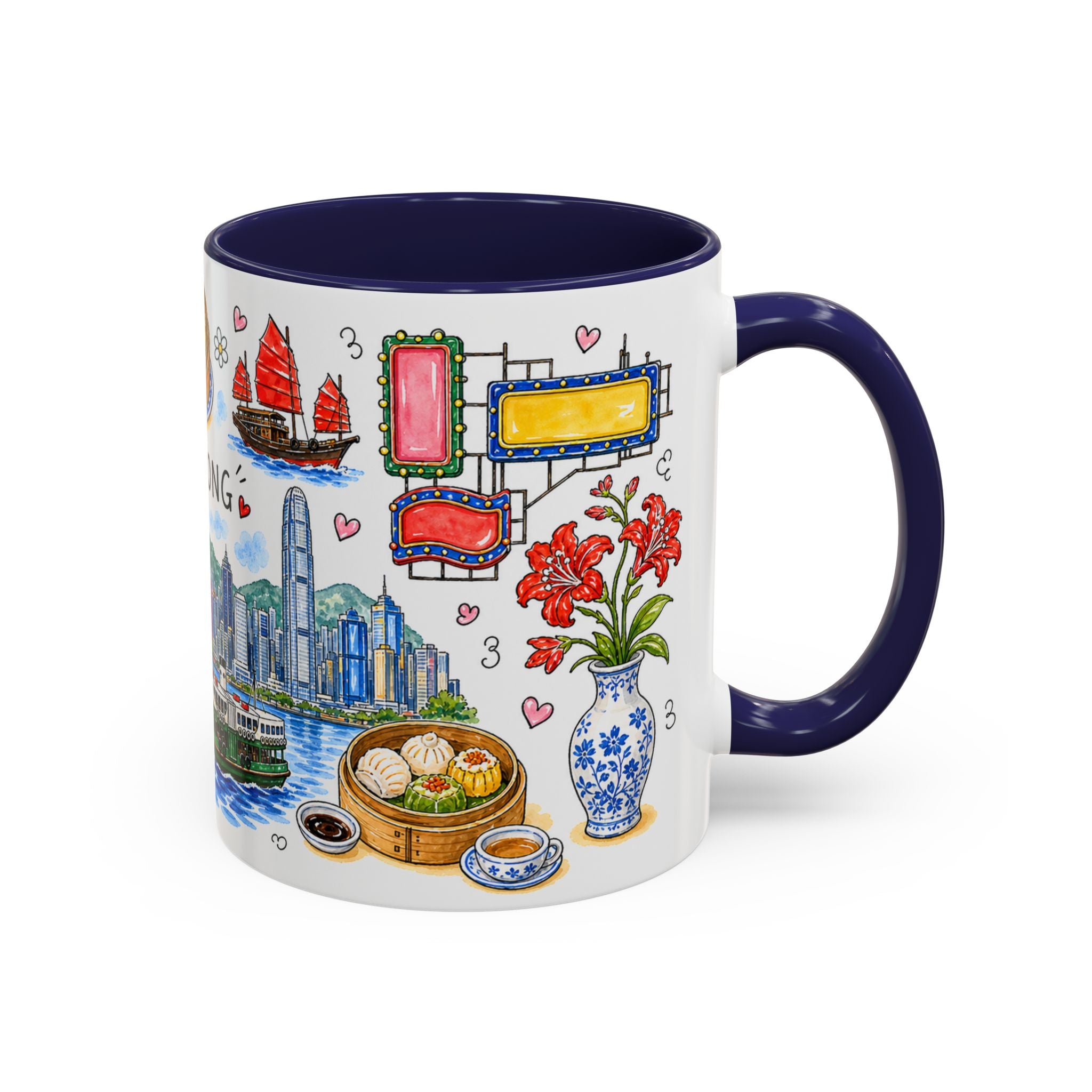 Hong Kong Illustrated Travel Mug | City Souvenir Accent Coffee Mug | 11oz 15oz Ceramic Cup