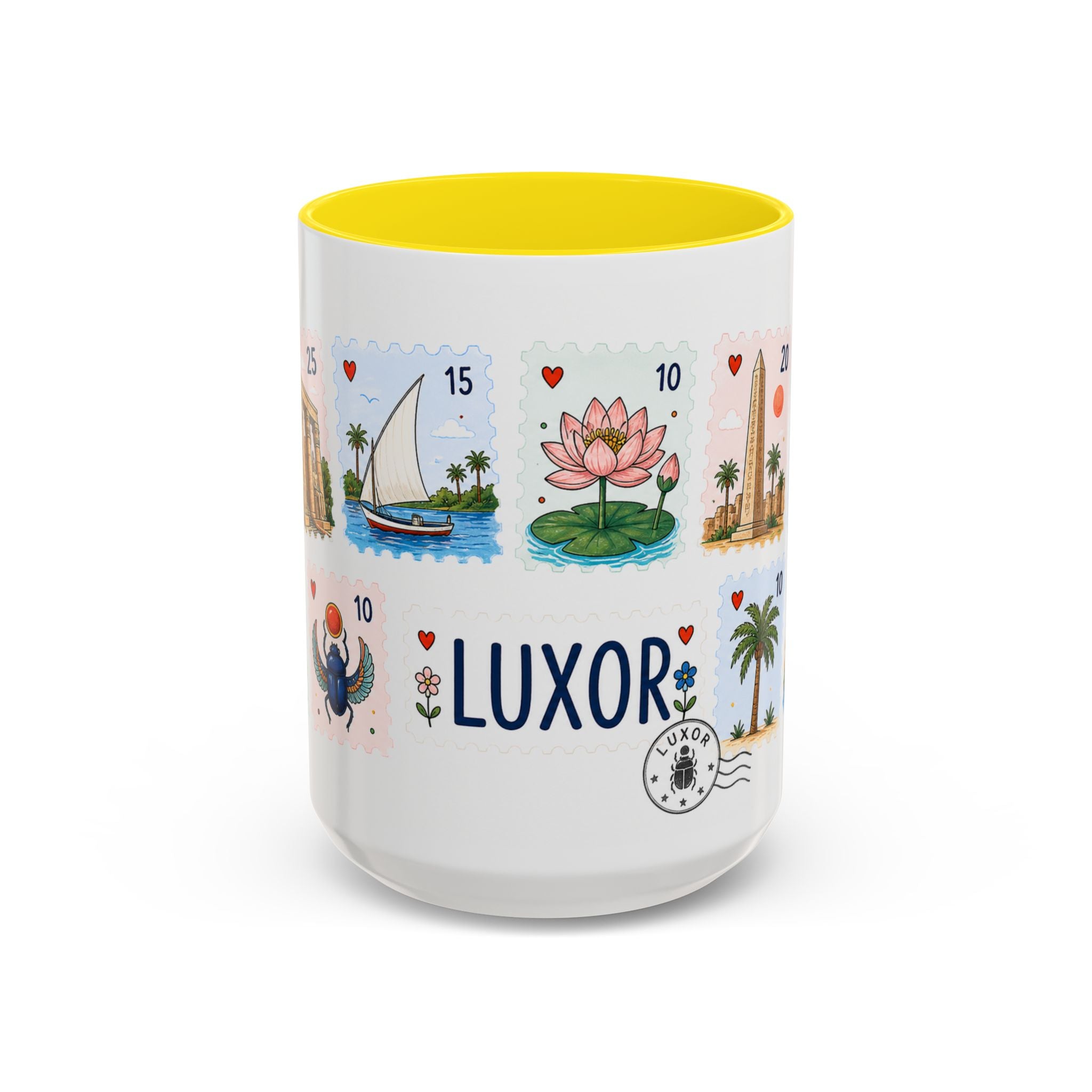 Luxor Coffee Mug | Postage Stamp Collage Mug | Travel Souvenir Accent Cup 11oz 15oz