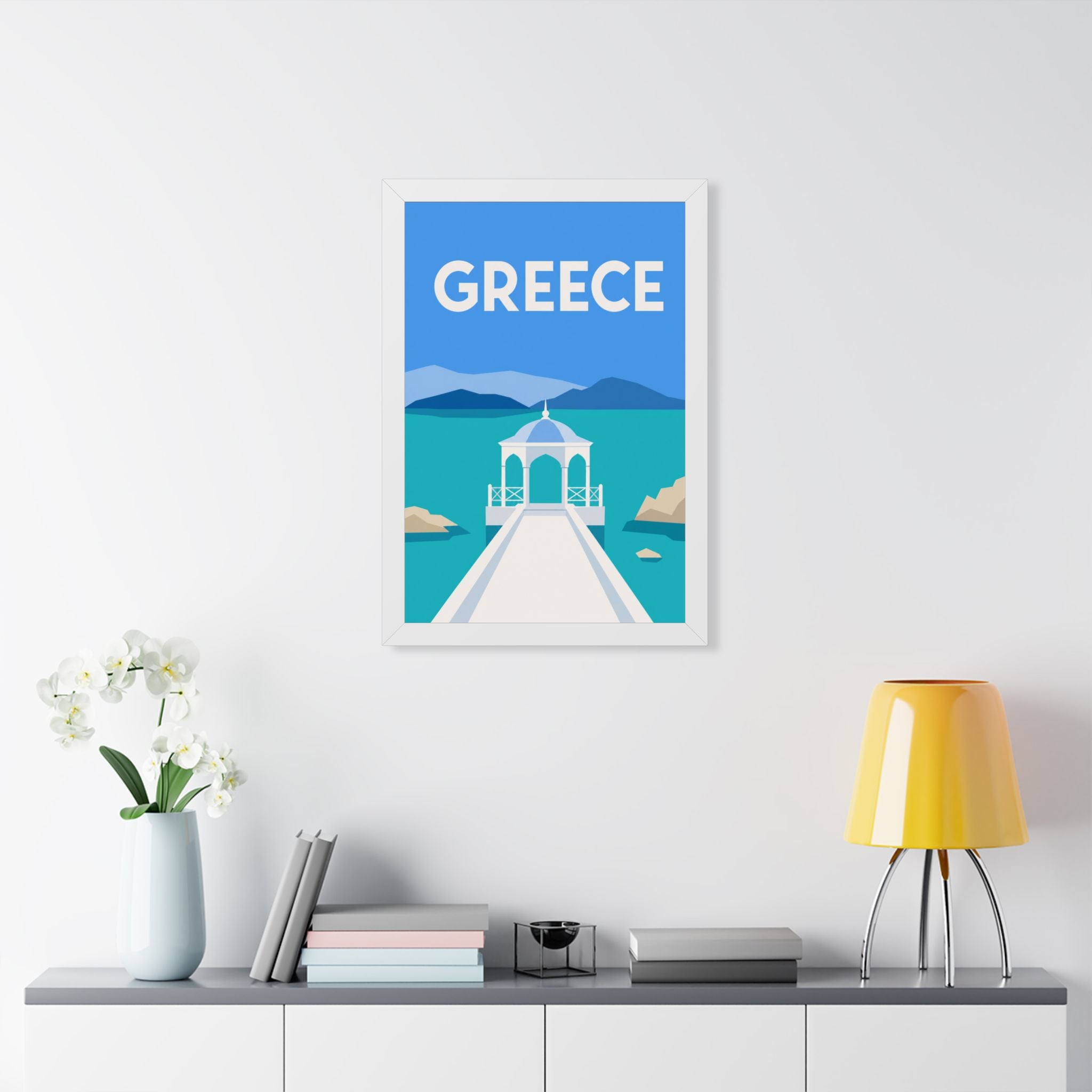 Greece Coast Greece Framed Poster | Vintage Travel Wall Art | Black Walnut White Frame | 16x24 20x30