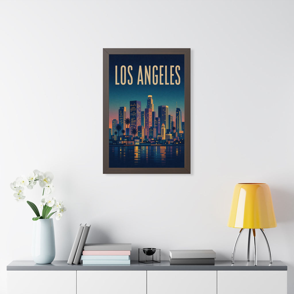 Los Angeles at Night United States Framed Poster | Vintage Travel Wall Art | Black Walnut White Frame | 16x24 20x30