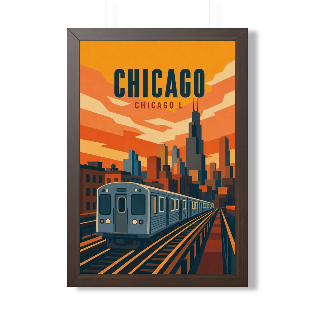 Chicago L Train United States Framed Poster | Vintage Travel Wall Art | Black Walnut White Frame | 16x24 20x30