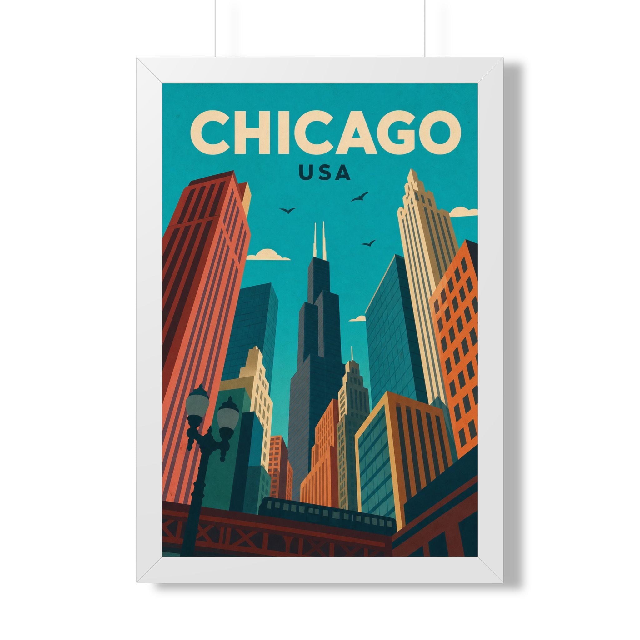 Chicago Downtown United States Framed Poster | Vintage Travel Wall Art | Black Walnut White Frame | 16x24 20x30