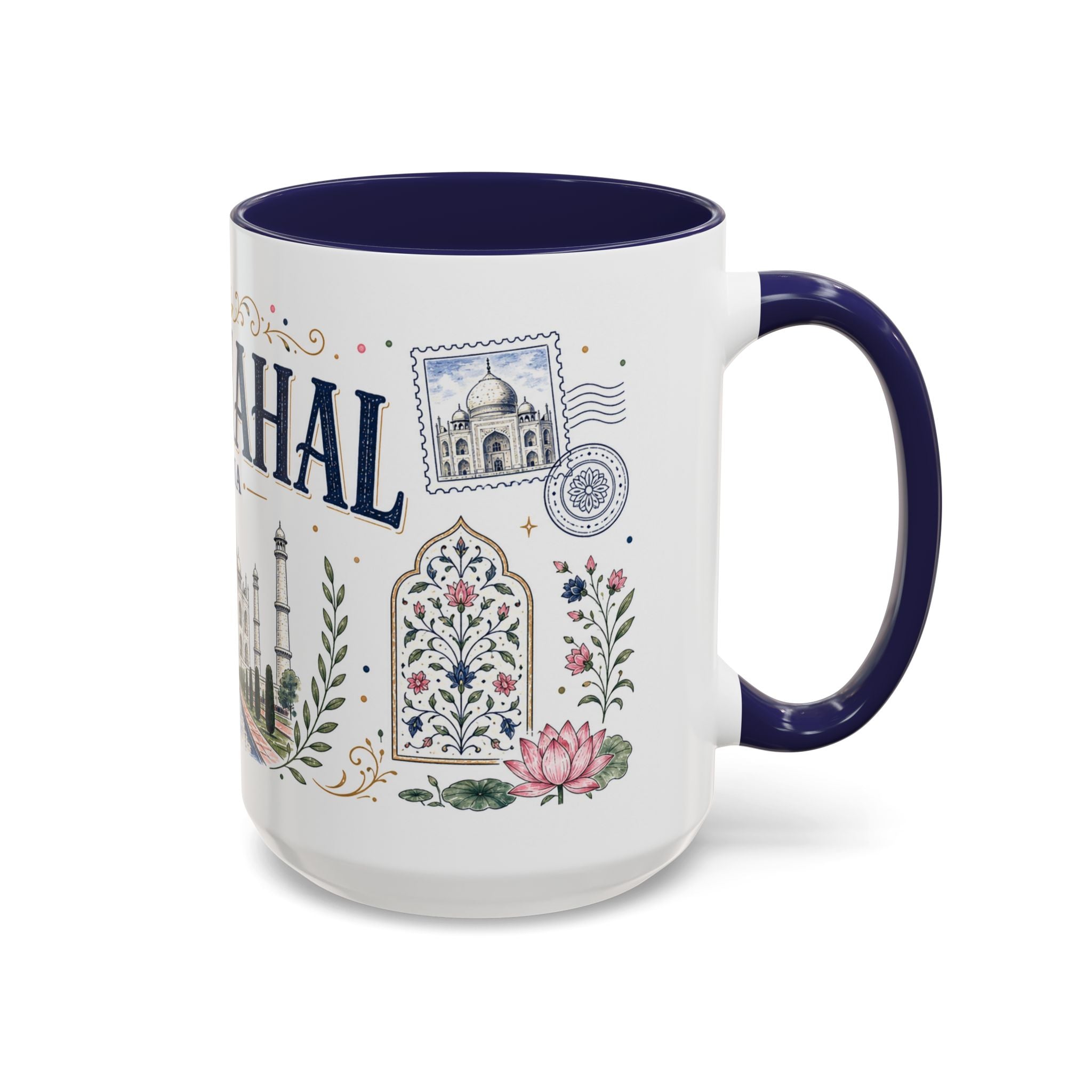 Taj Mahal Coffee Mug | Travel Destination Souvenir Gift | Accent Color Ceramic 11oz 15oz