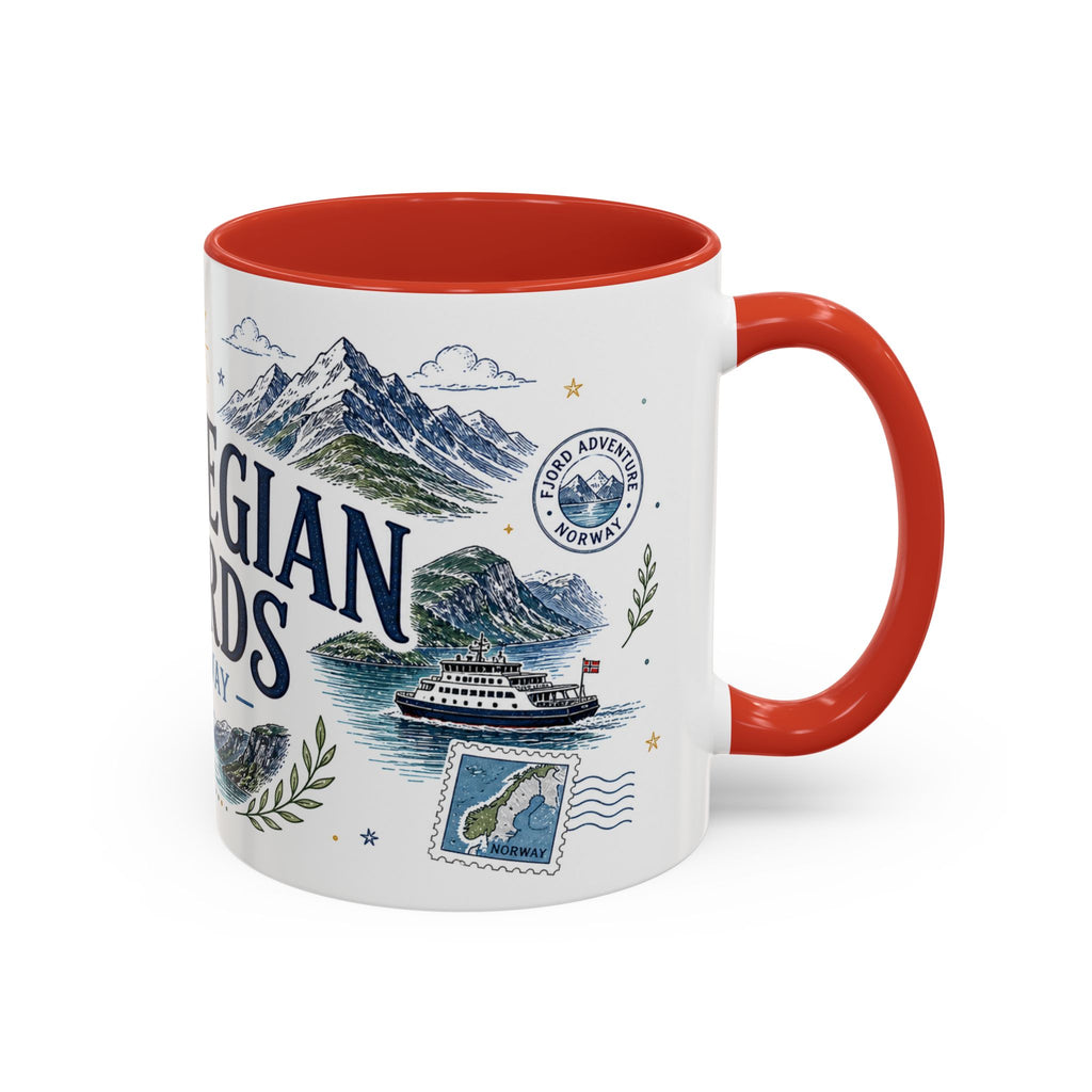 Norwegian Fjords Coffee Mug | Travel Destination Souvenir Gift | Accent Color Ceramic 11oz 15oz