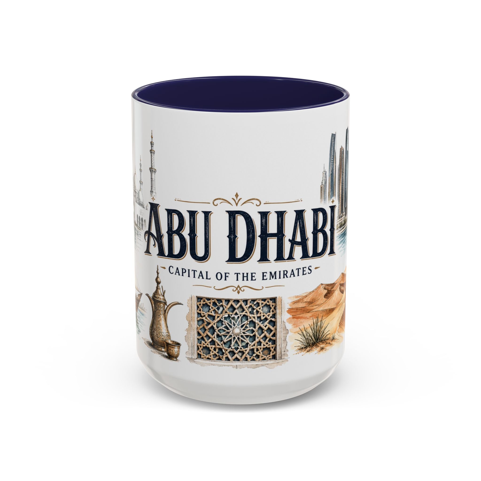 Abu Dhabi Coffee Mug | United Arab Emirates Travel Souvenir | Vintage Illustrated City Gift | 11 oz 15 oz Accent Mug