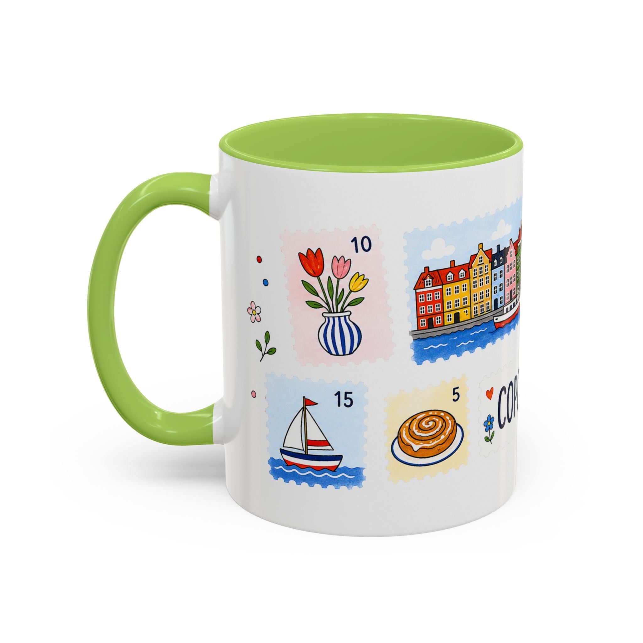 Copenhagen Coffee Mug | Postage Stamp Collage Mug | Travel Souvenir Accent Cup 11oz 15oz