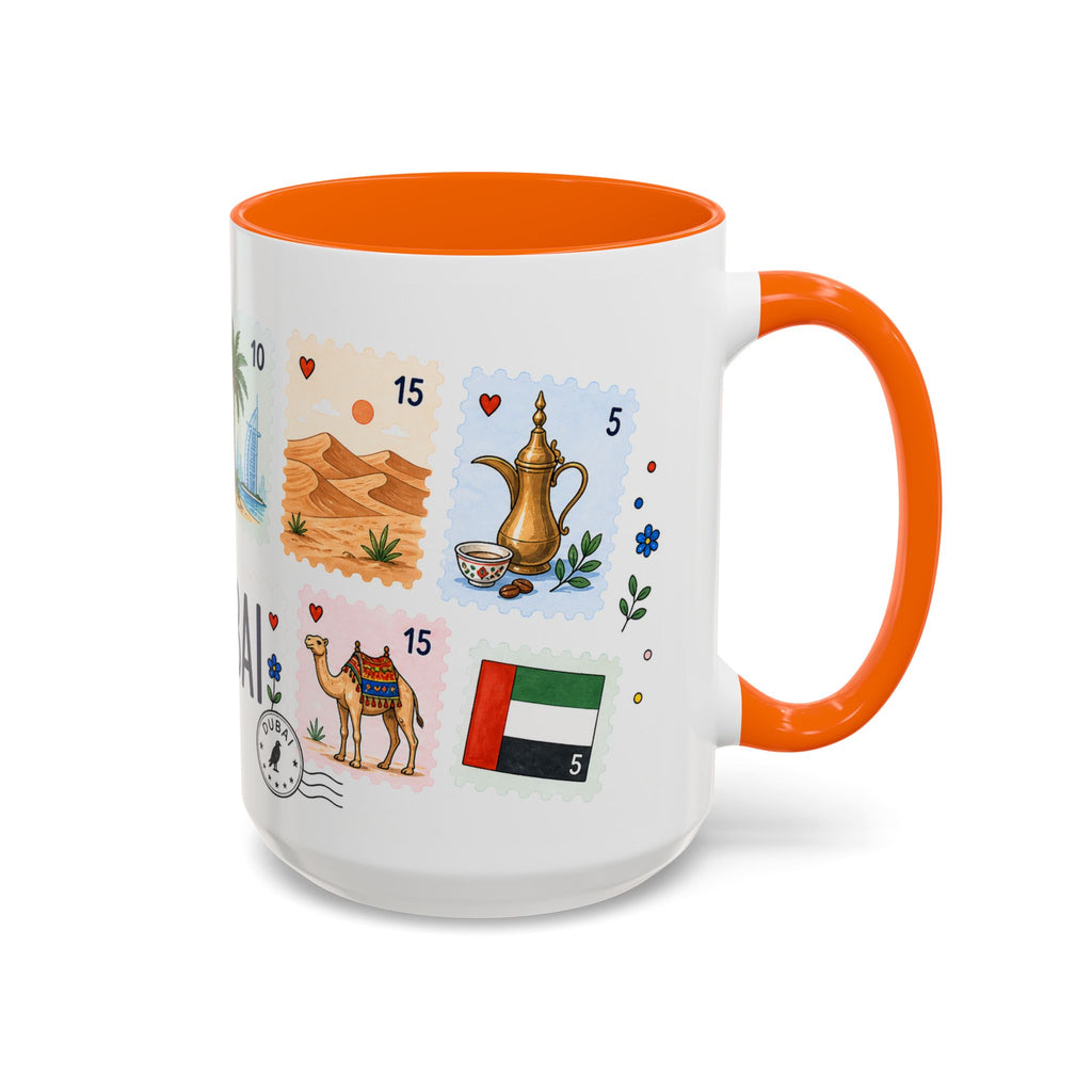 Dubai Coffee Mug | Postage Stamp Collage Mug | Travel Souvenir Accent Cup 11oz 15oz