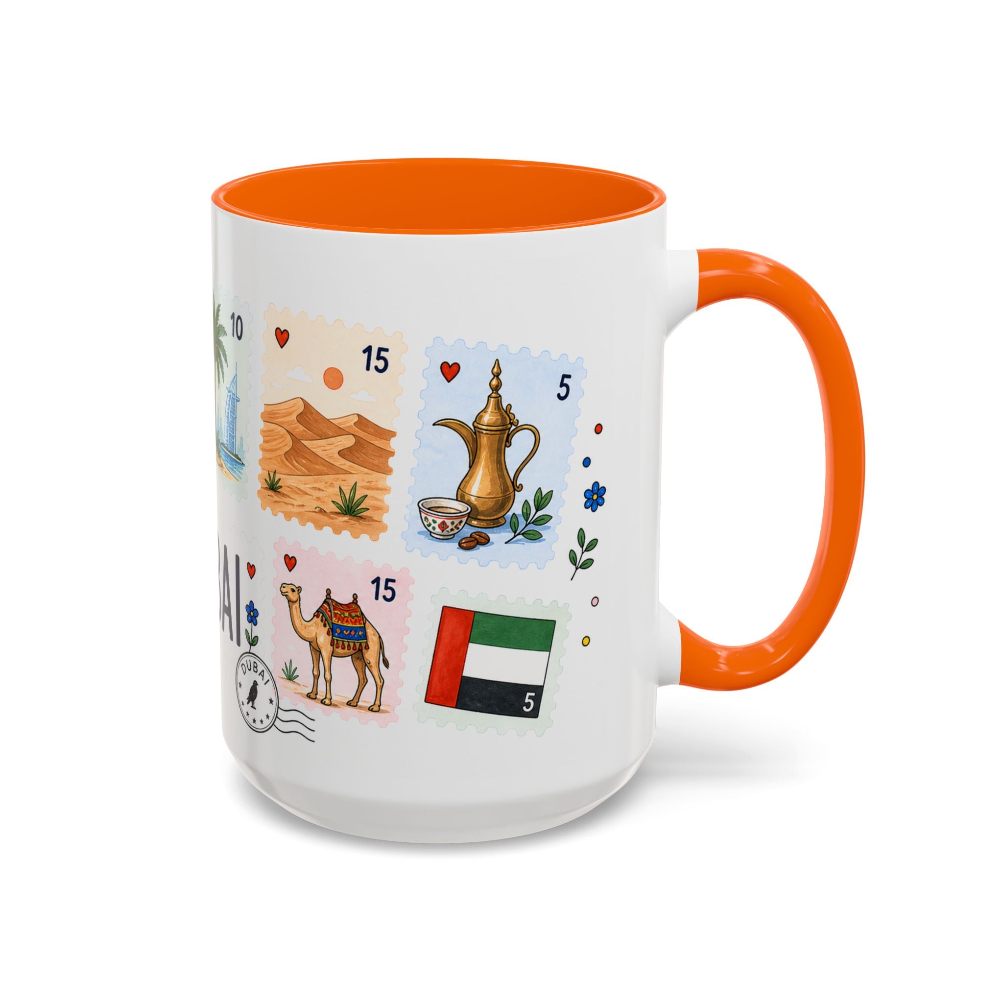Dubai Coffee Mug | Postage Stamp Collage Mug | Travel Souvenir Accent Cup 11oz 15oz