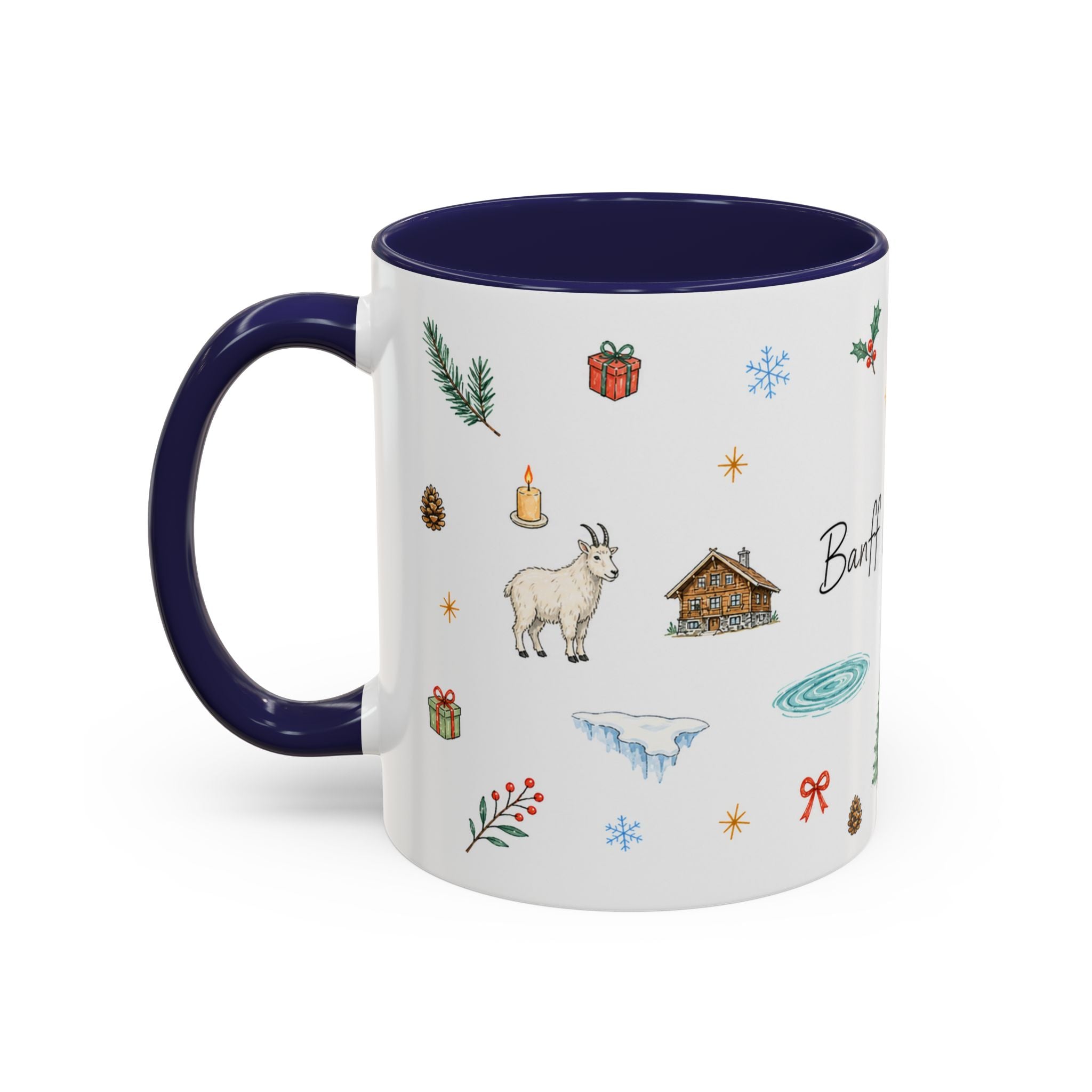 Banff Lake Louise Christmas Mug | Watercolor Travel Souvenir | Holiday Gift | Accent Ceramic Coffee Cup 11oz 15oz