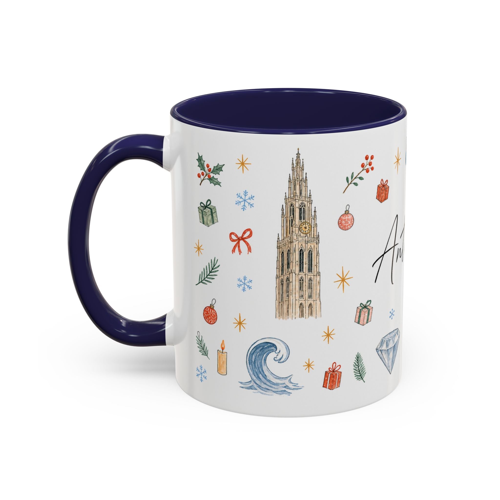 Antwerp Christmas Mug | Watercolor Travel Souvenir | Holiday Gift | Accent Ceramic Coffee Cup 11oz 15oz