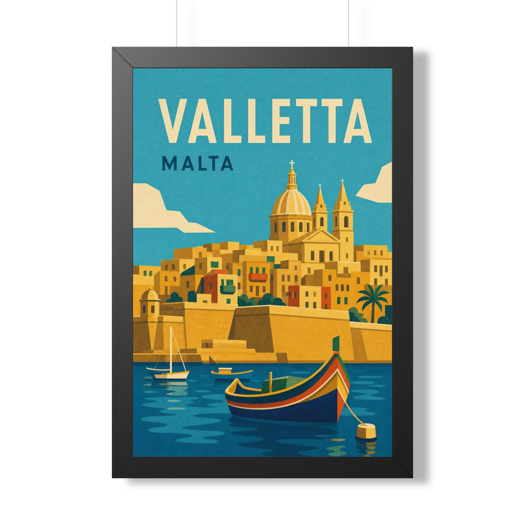 Valletta Malta Framed Poster | Vintage Travel Wall Art | Black Walnut White Frame | 16x24 20x30