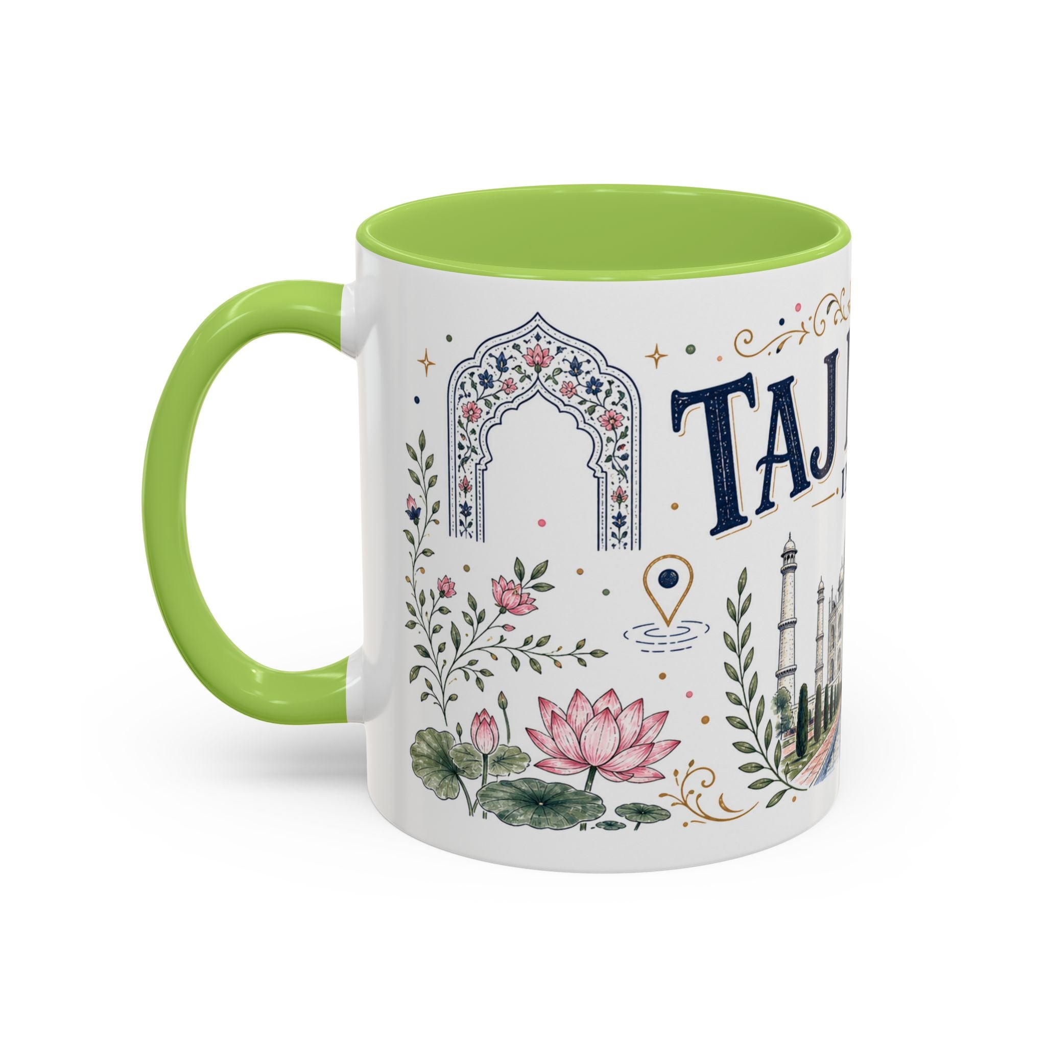 Taj Mahal Coffee Mug | Travel Destination Souvenir Gift | Accent Color Ceramic 11oz 15oz