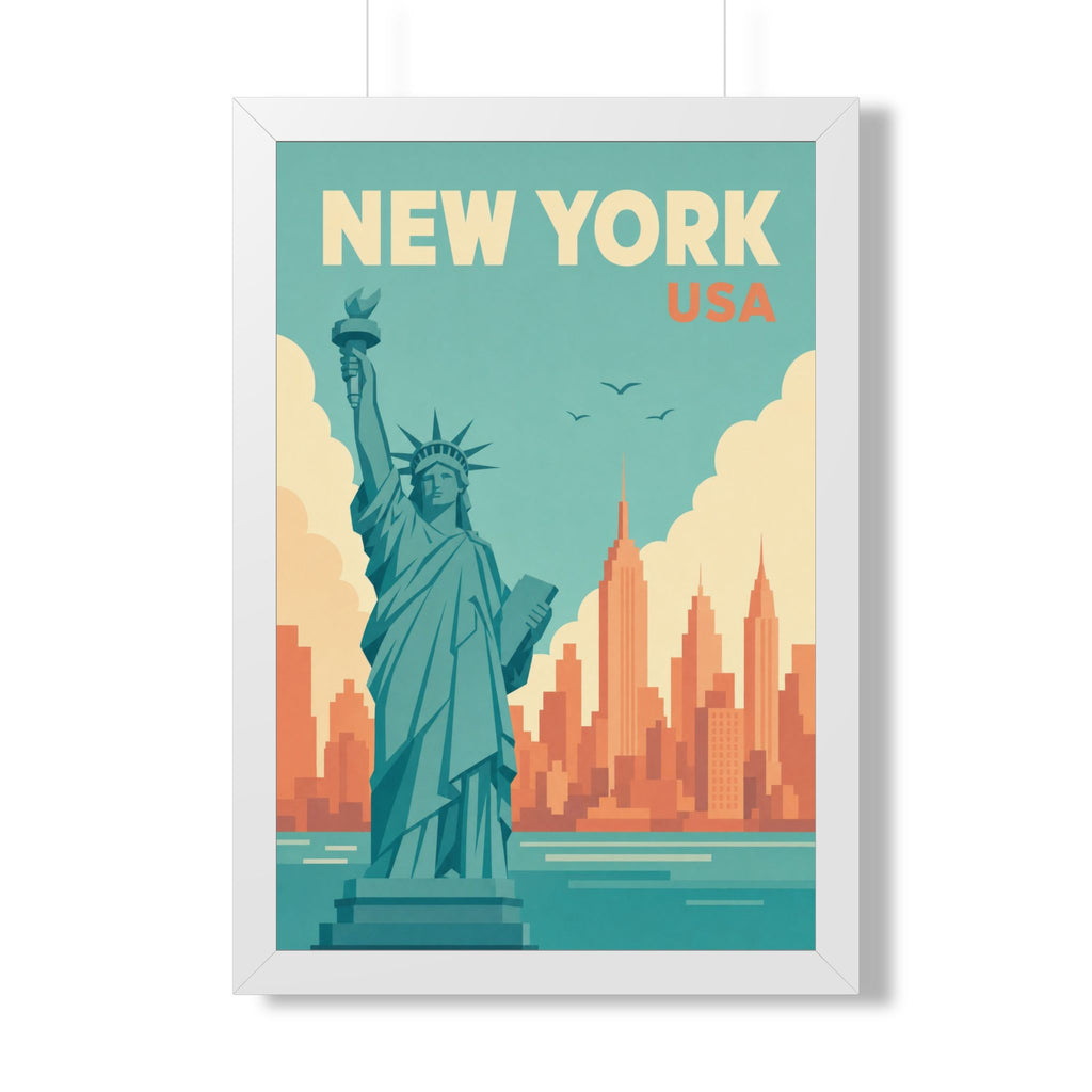 New York Harbor United States Framed Poster | Vintage Travel Wall Art | Black Walnut White Frame | 16x24 20x30