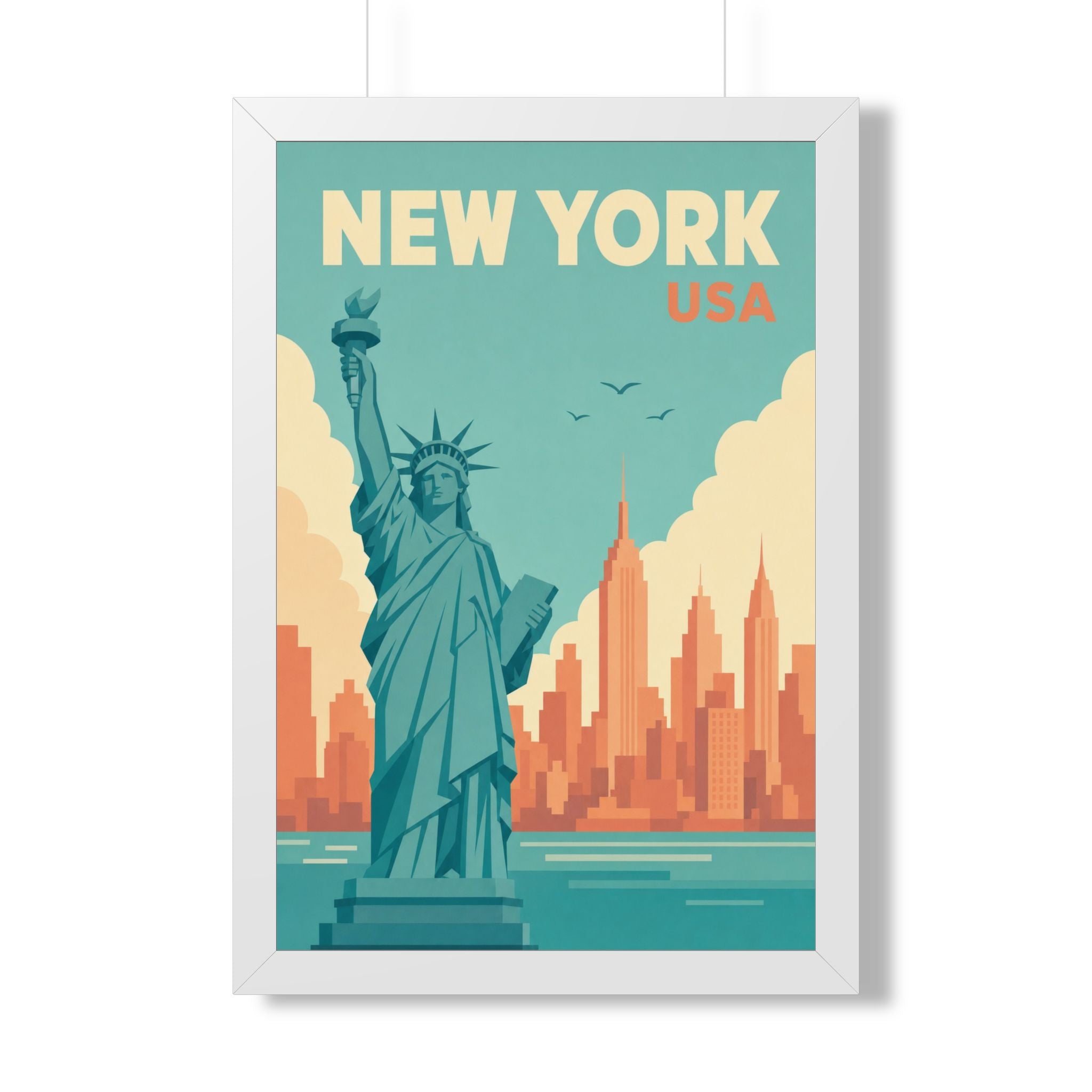 New York Harbor United States Framed Poster | Vintage Travel Wall Art | Black Walnut White Frame | 16x24 20x30