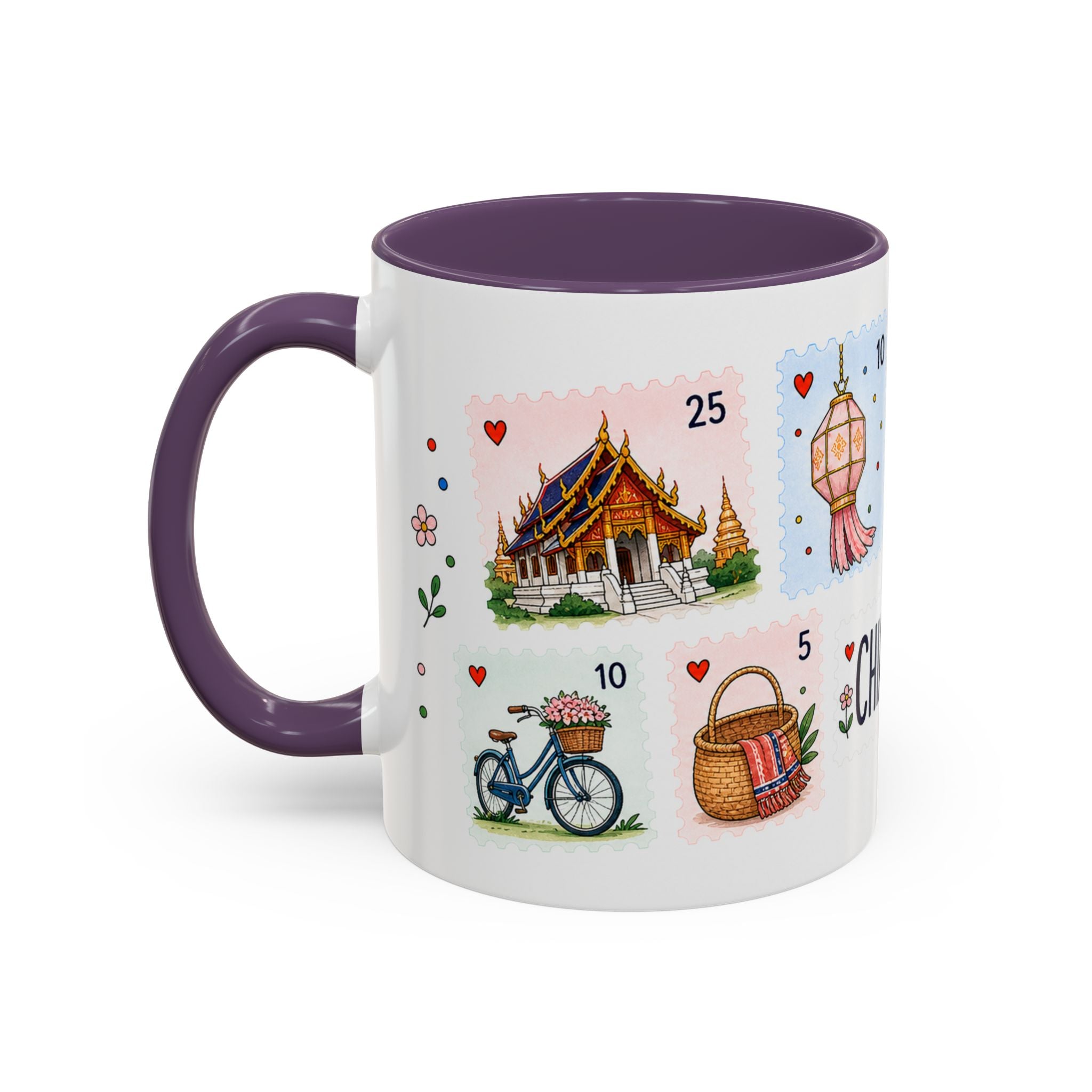 Chiang Mai Coffee Mug | Postage Stamp Collage Mug | Travel Souvenir Accent Cup 11oz 15oz