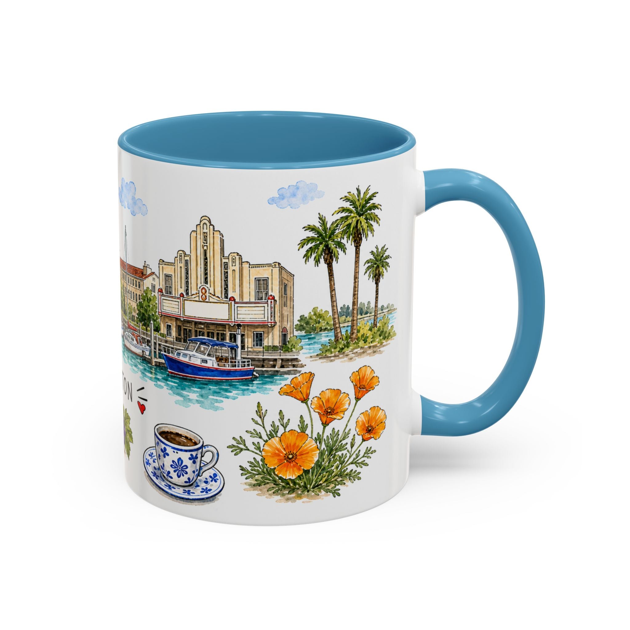 Stockton Illustrated Travel Mug | City Souvenir Accent Coffee Mug | 11oz 15oz Ceramic Cup