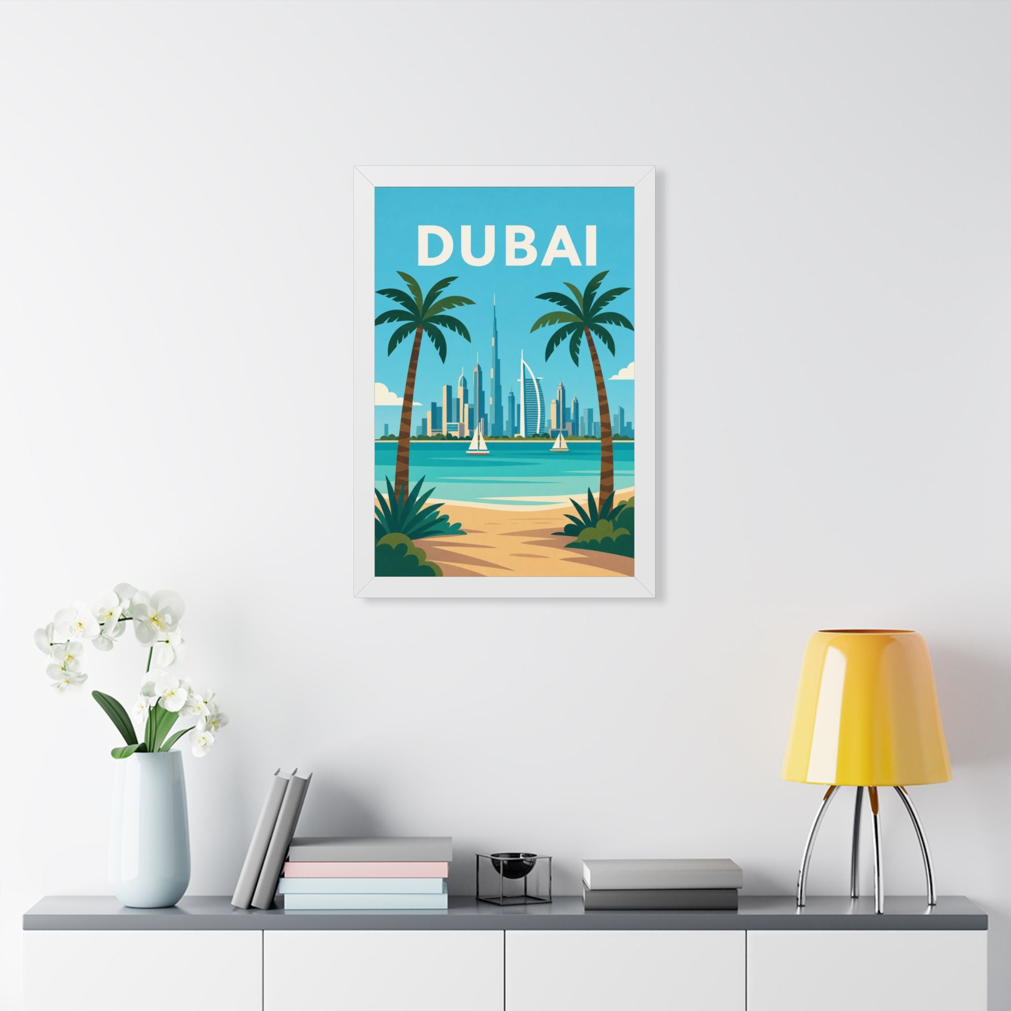 Dubai Beach United Arab Emirates Framed Poster | Vintage Travel Wall Art | Black Walnut White Frame | 16x24 20x30