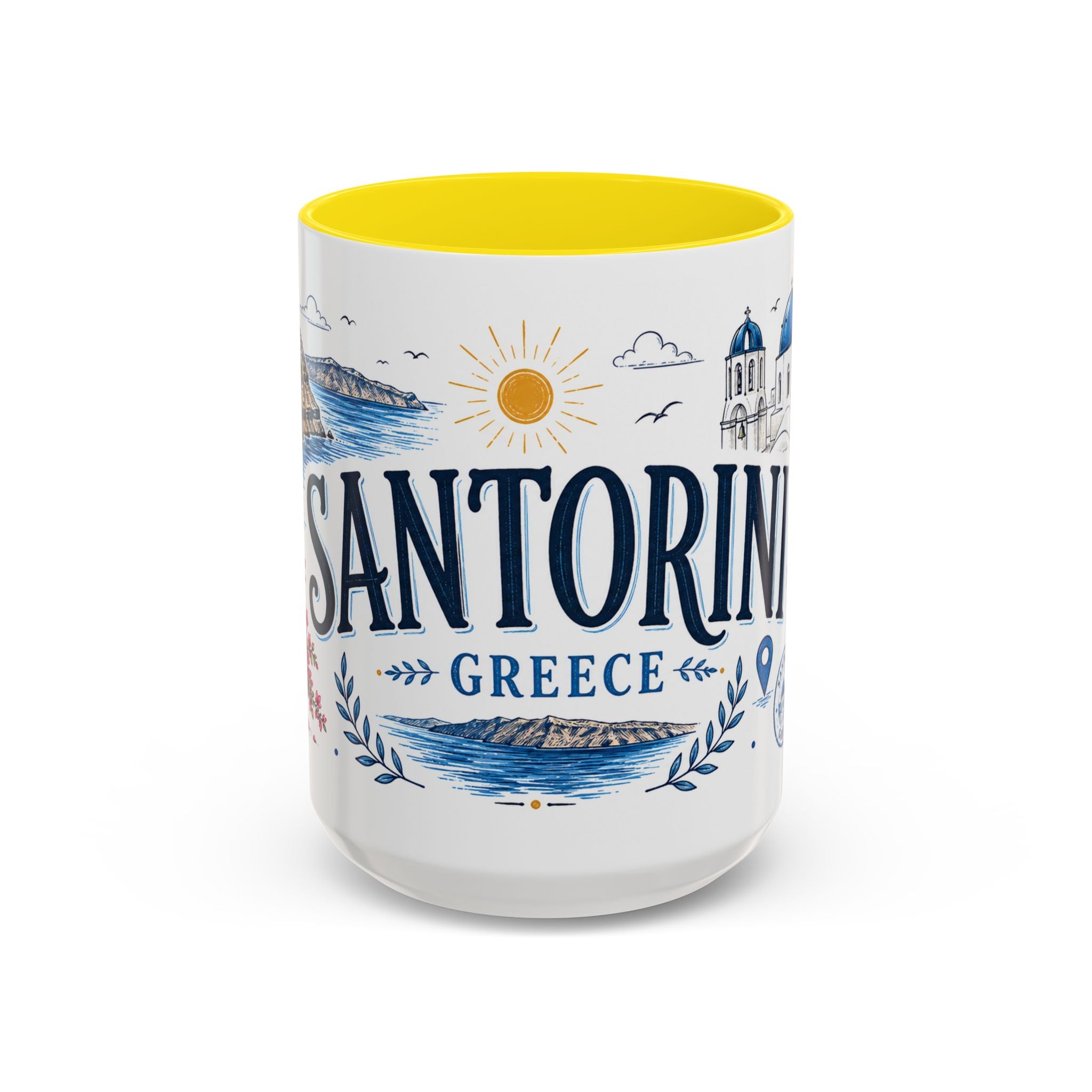 Santorini Coffee Mug | Travel Destination Souvenir Gift | Accent Color Ceramic 11oz 15oz