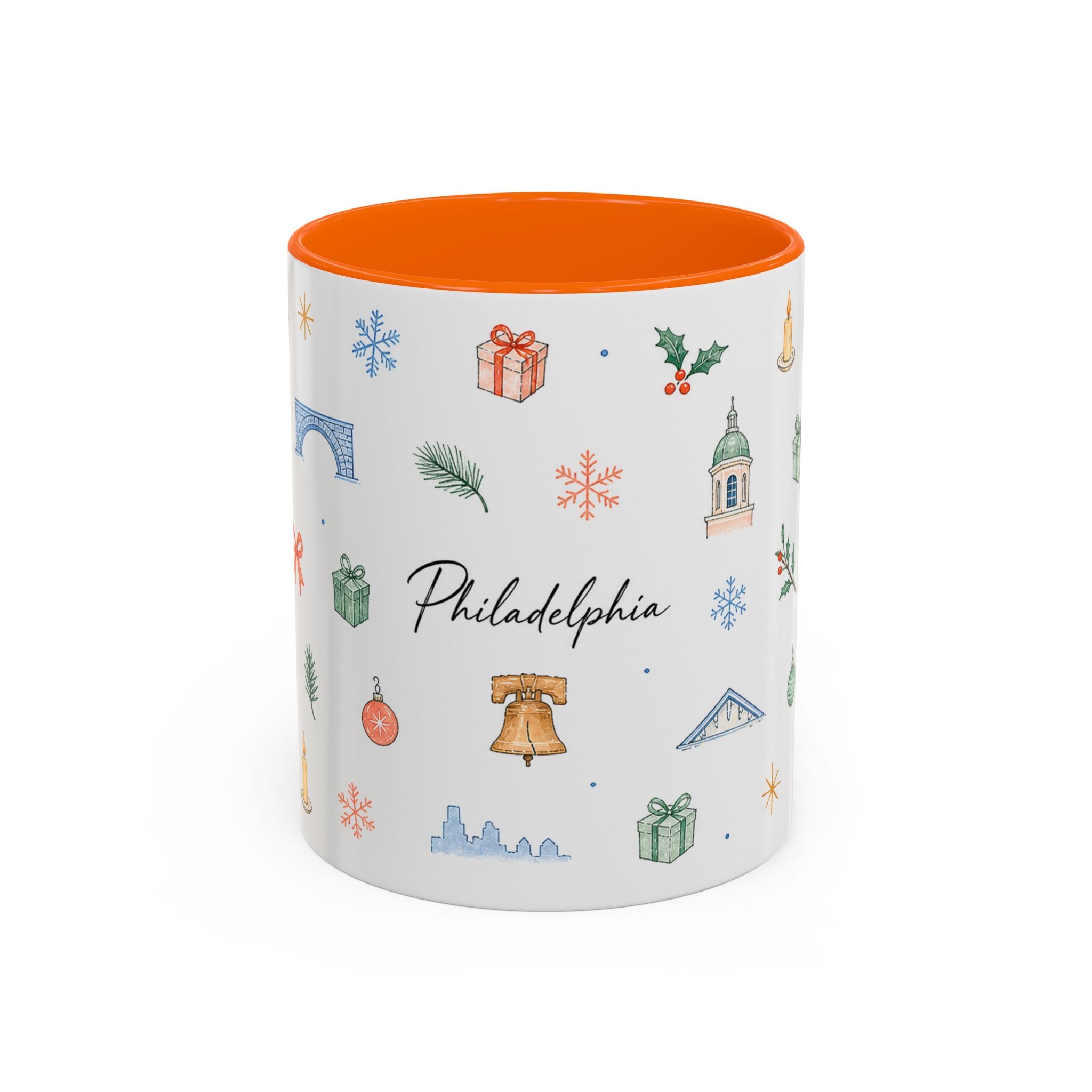 Philadelphia Christmas Mug | Watercolor Travel Souvenir | Holiday Gift | Accent Ceramic Coffee Cup 11oz 15oz