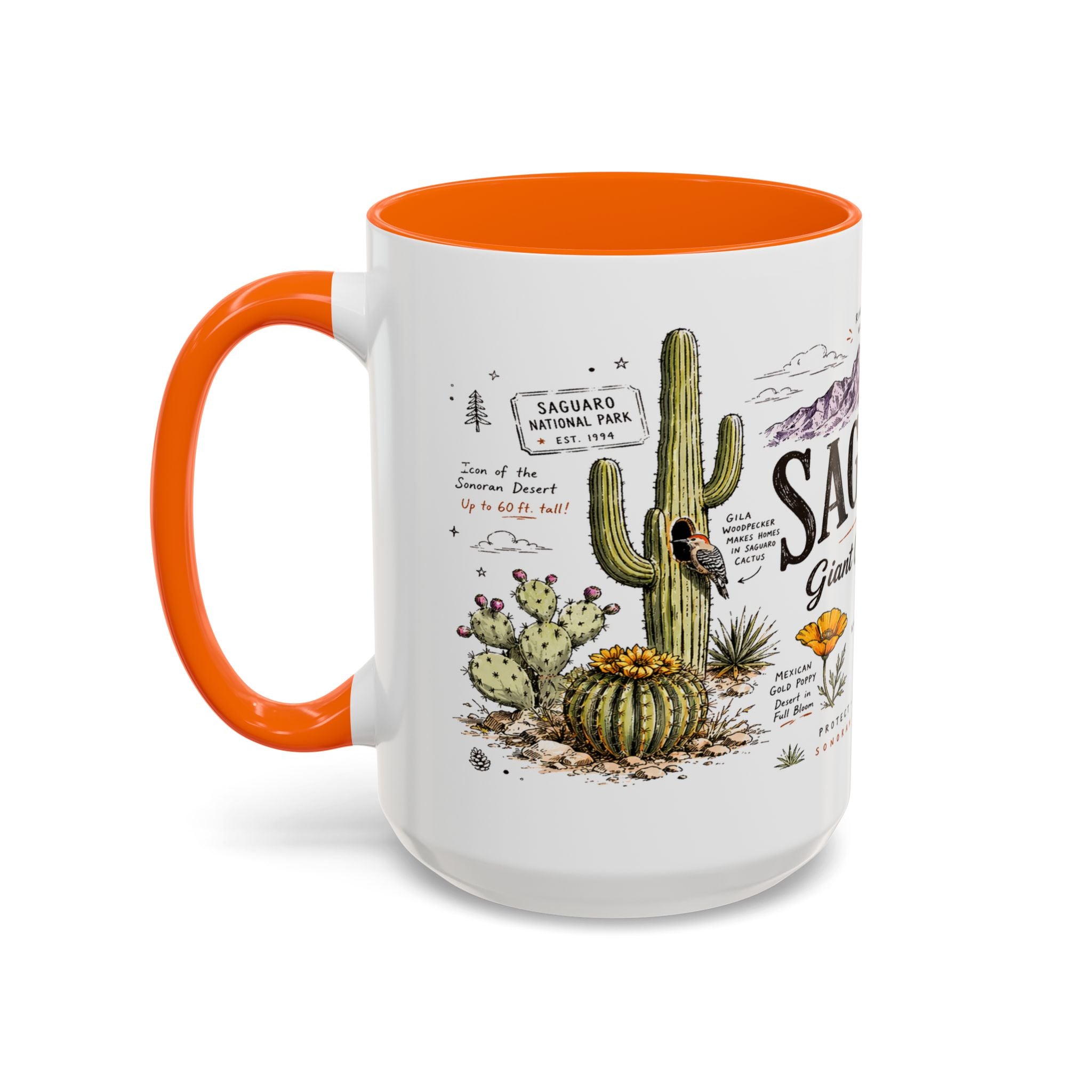 Saguaro National Park Coffee Mug | Arizona Desert Cactus Sunset Gift | Accent Color Ceramic 11oz 15oz