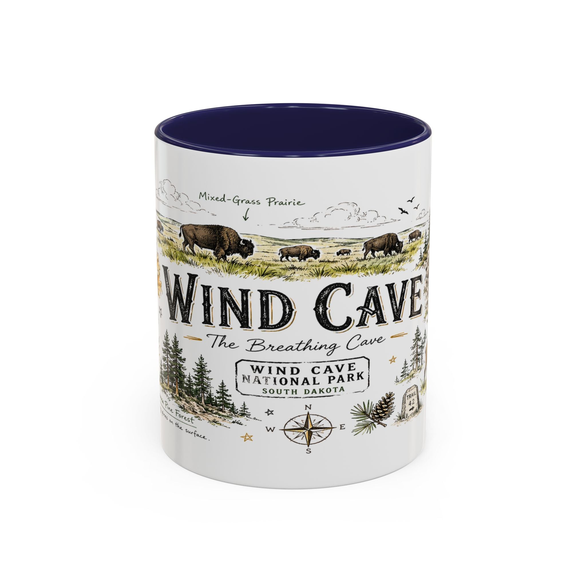 Wind Cave National Park Coffee Mug | South Dakota Cave Bison Prairie Gift | Accent Color Ceramic 11oz 15oz