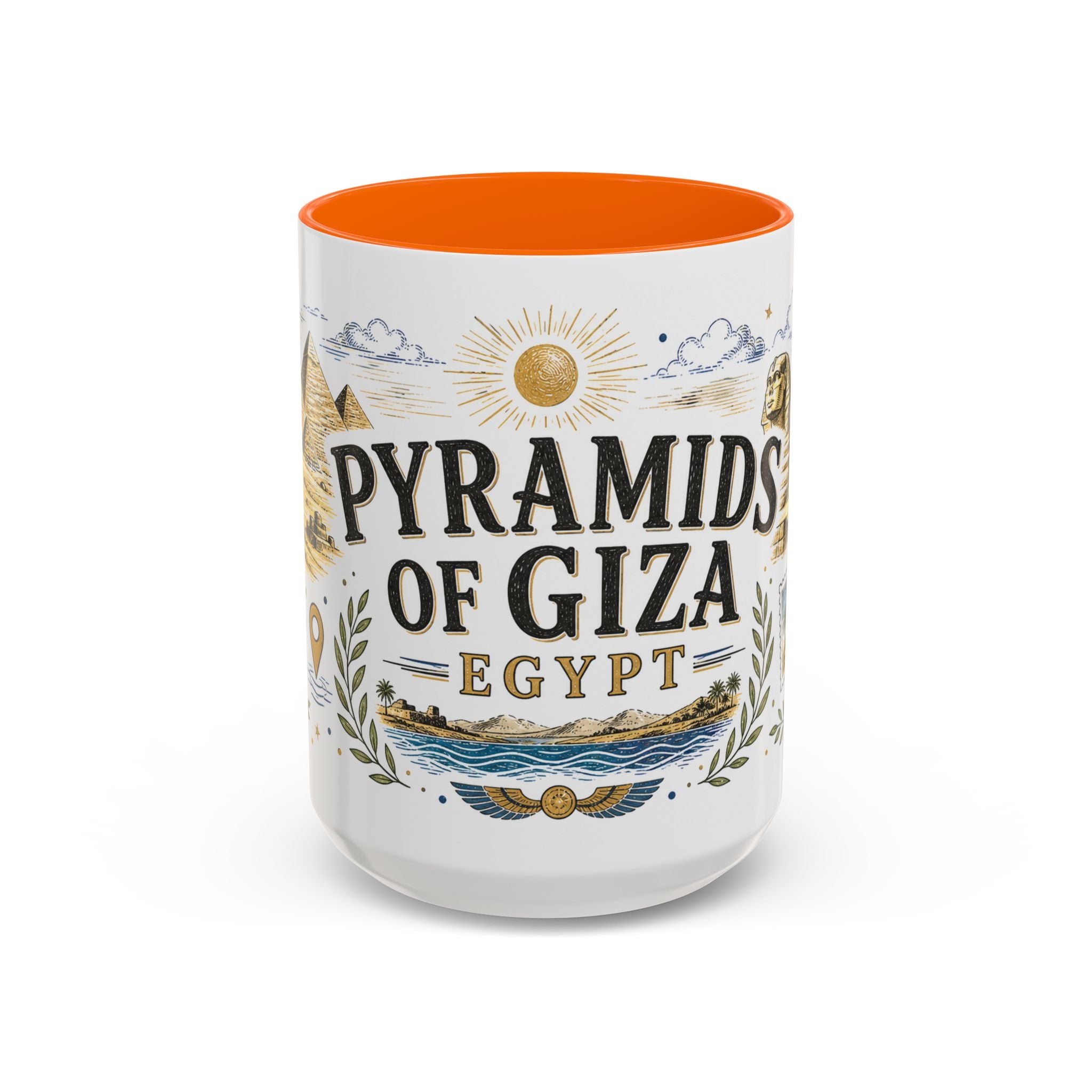 Pyramids of Giza Coffee Mug | Travel Destination Souvenir Gift | Accent Color Ceramic 11oz 15oz