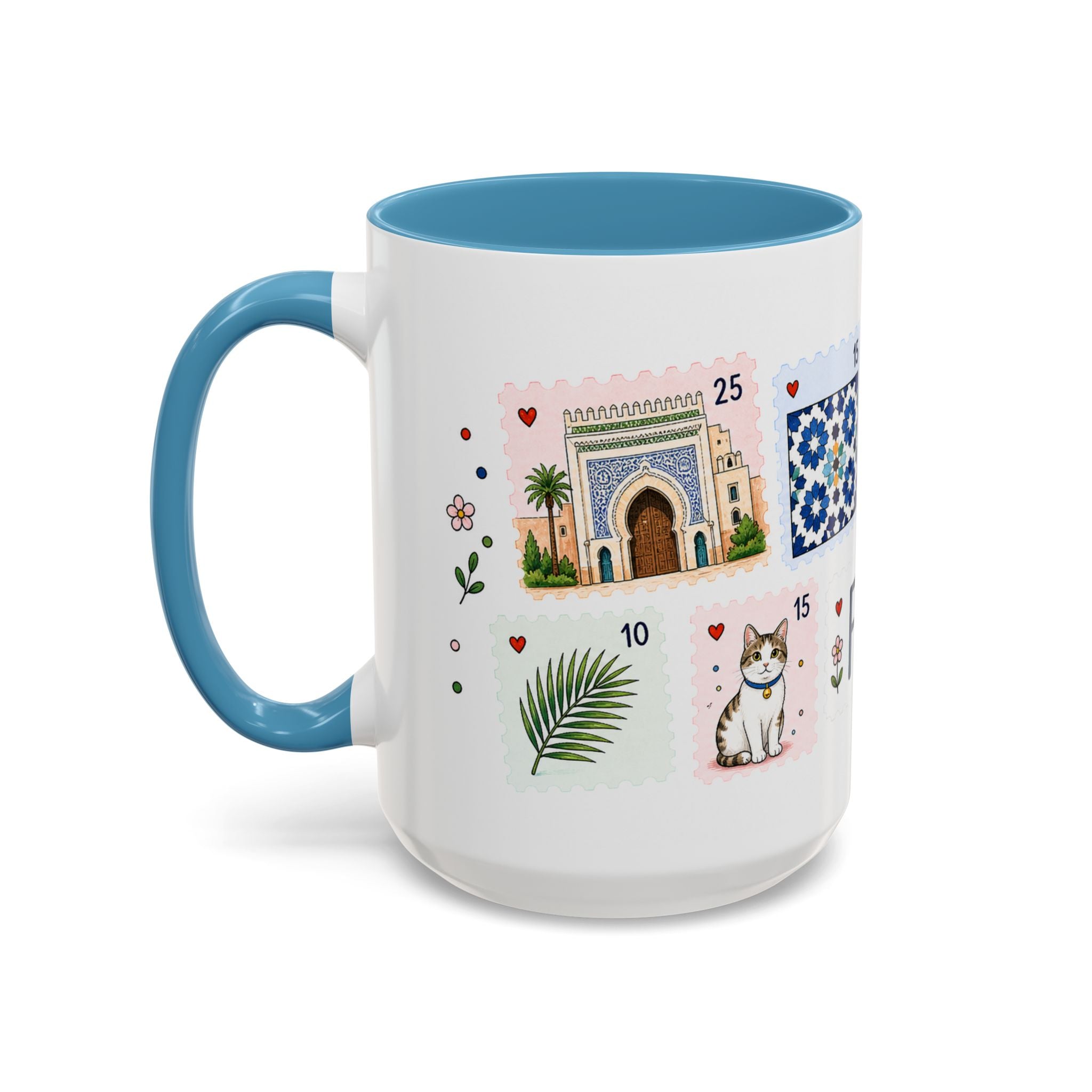Fez Coffee Mug | Postage Stamp Collage Mug | Travel Souvenir Accent Cup 11oz 15oz